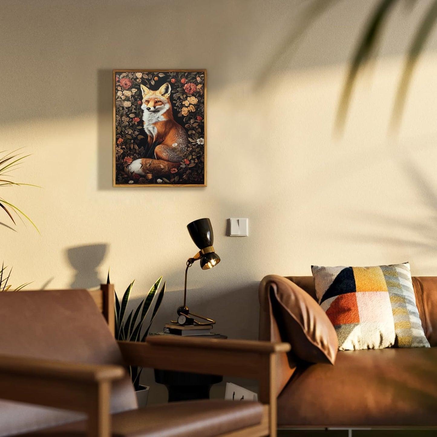 Framed Vintage Wall Art, Boho Canvas Wall Art, Dark Flowers Pictures, Nature Botanical Wall Decor, Fox Animal Paintings Prints, for Living Room Bedroom Home Decor 8x10in