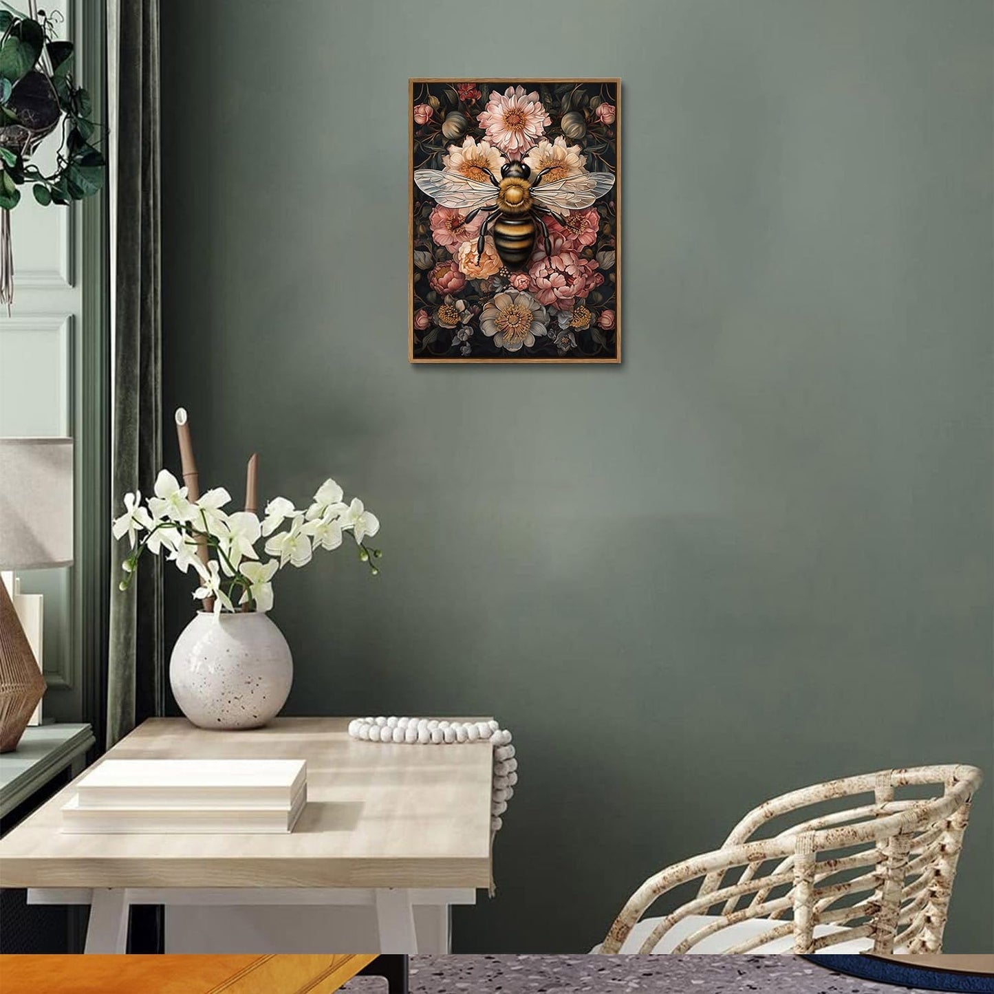 Djmwtb Vintage Framed Wall Art Floral Bee Canvas Wall Art Prints Botanical Flower Painting Cottagecore Pictures Artwork for Living Room Bedroom Office 12x16in