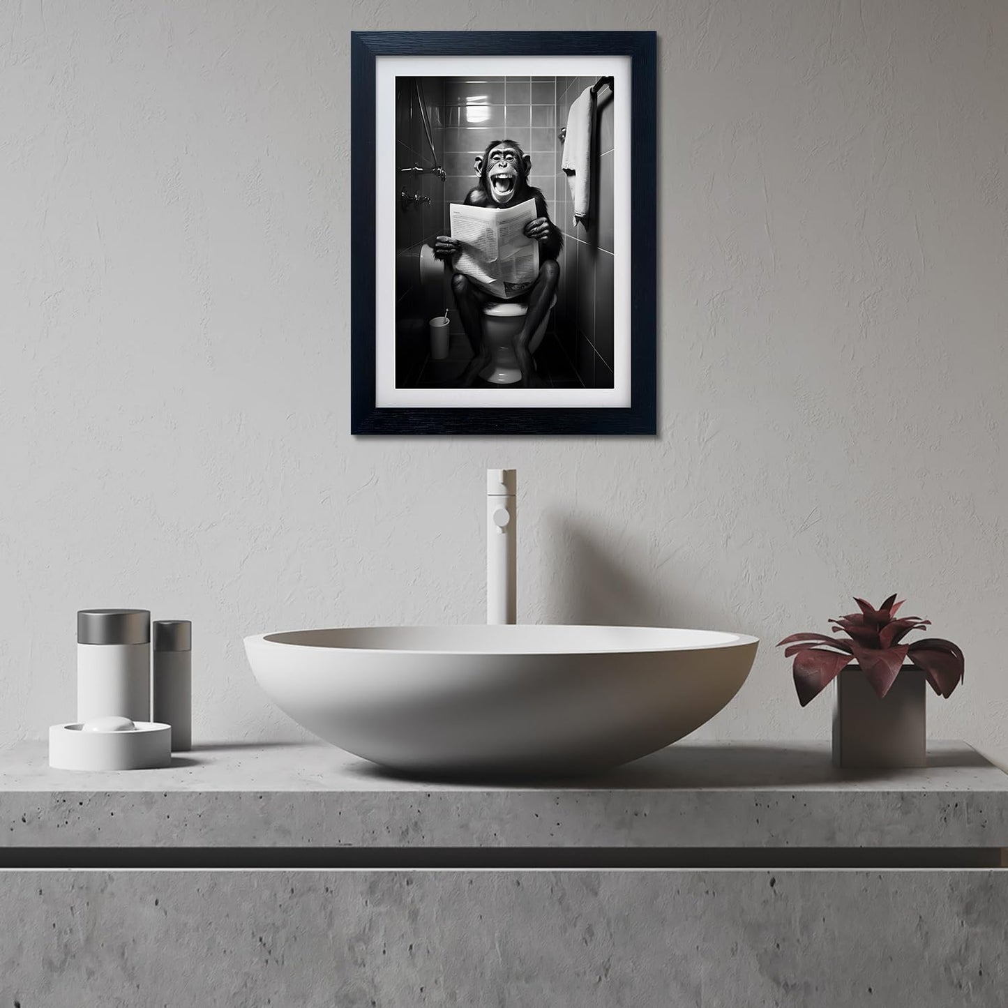 Framed Black and White Animal Bathroom Canvas Wall Art Monkey Reading Newspaper Toilet Humor Decor Funny Bathroom Sign Wall Decor