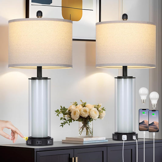 Black Glass Table Lamps Set of 2, 26" Living Room Lamp with Built-in Frosted Glass Night Light, Modern Bedroom Lamp with USB C+A Ports & AC Outlet, Bedside Lamps for Nightstand (4 Bulbs Included)