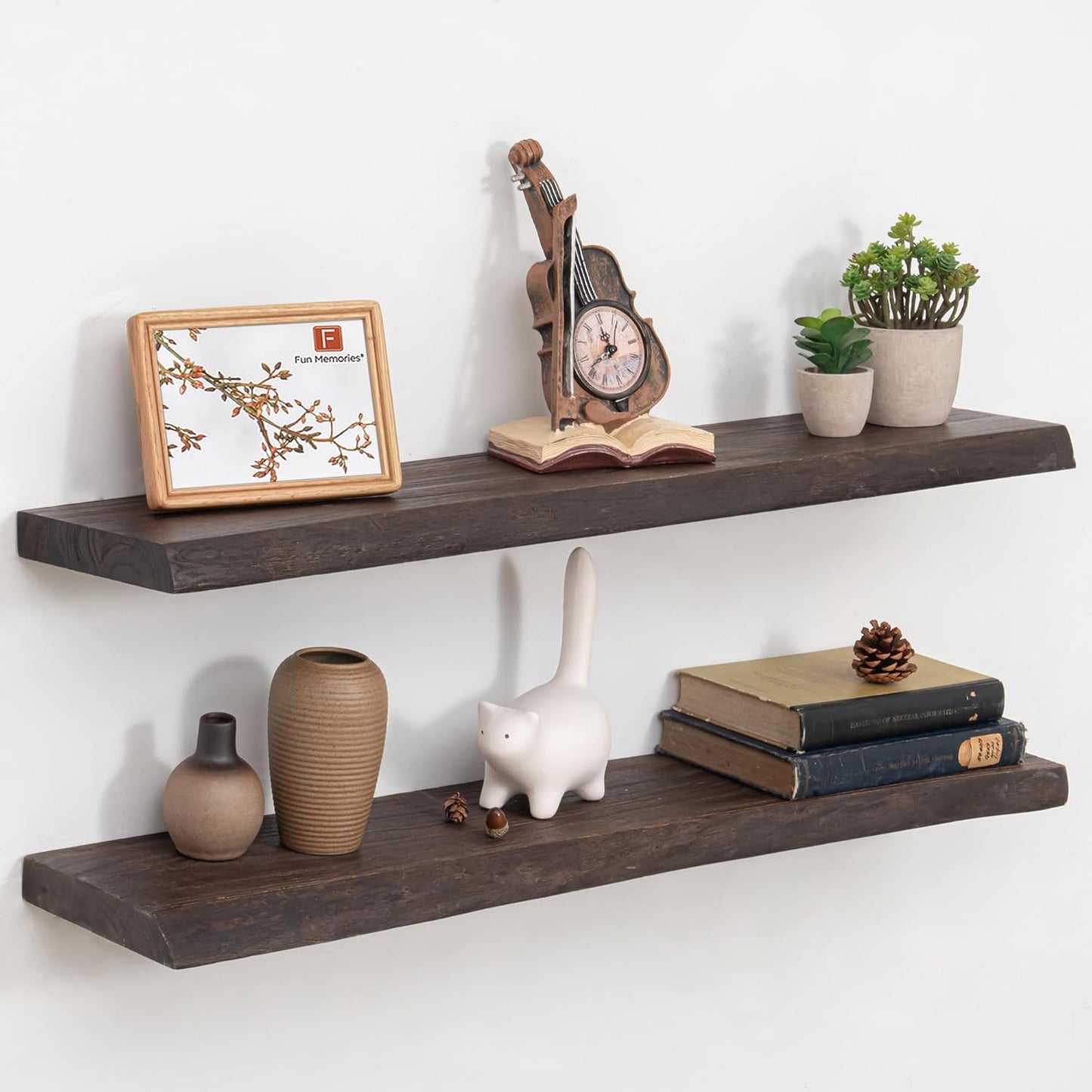Fun Memories Floating Shelves for Wall Decor, Rustic Solid Elm Wood Live Edge Floating Shelves Wall Mounted, Heavy-Duty Shelf with Invisible Bracket for Living Room Kitchen, 36 Inch Set of 2, Walnut