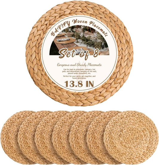 13.8 in Round Boho Placemats Table Mats Set of 8, Farmhouse Rustic Woven Plate Charger for Dinner Plates, Rattan Jute Wicker Braided Place Mats Chargers for Dining Table Decor