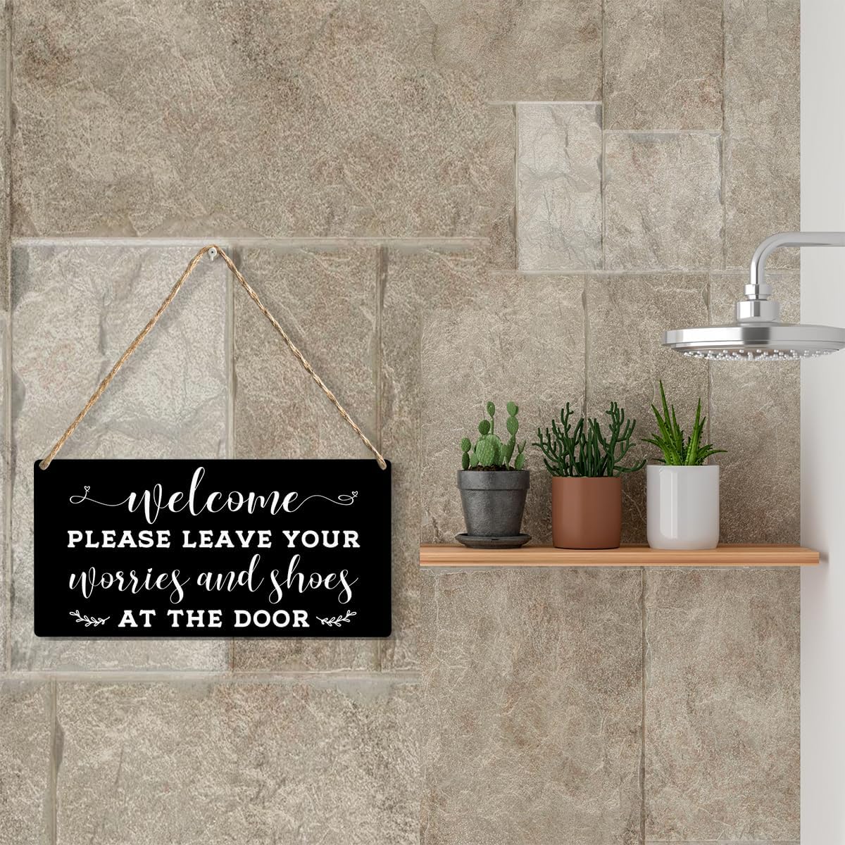 Front Door Welcome Sign, Please Remove Your Shoes Signs, Please Leave Shoes And Worries at the Door Sign, Wooden Hanging Plaque 12 x 6 Inch, For Home Porch Entrance Decoration