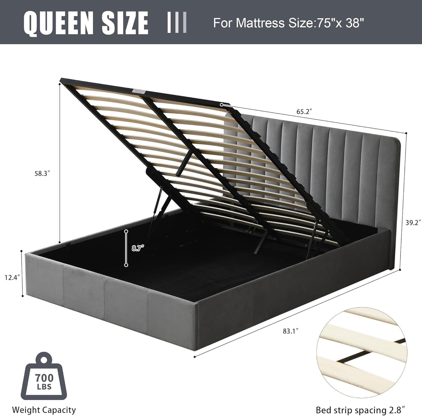 PINJU Queen Size Storage Bed with Hydraulic Lift, Upholstered Platform Bed, Simple Vertical Line Design, Wooden Slat Support, No Spring Required (Grey, Queen (U.S. Standard))