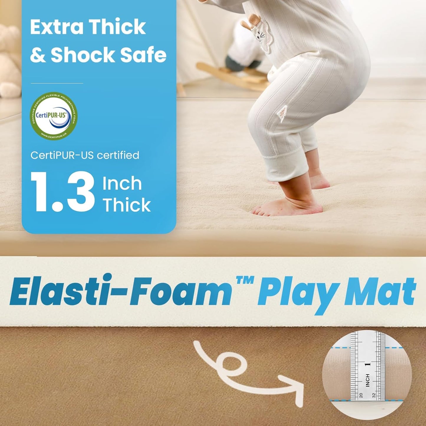 1.3" Thick Baby Play Mat for Floor, 79x118 Large Foam Tummy Time Mat, Padded Support Soft Plush Nursery Rug for Infant Kids Toddler Crawling Kick Activity (Beige)