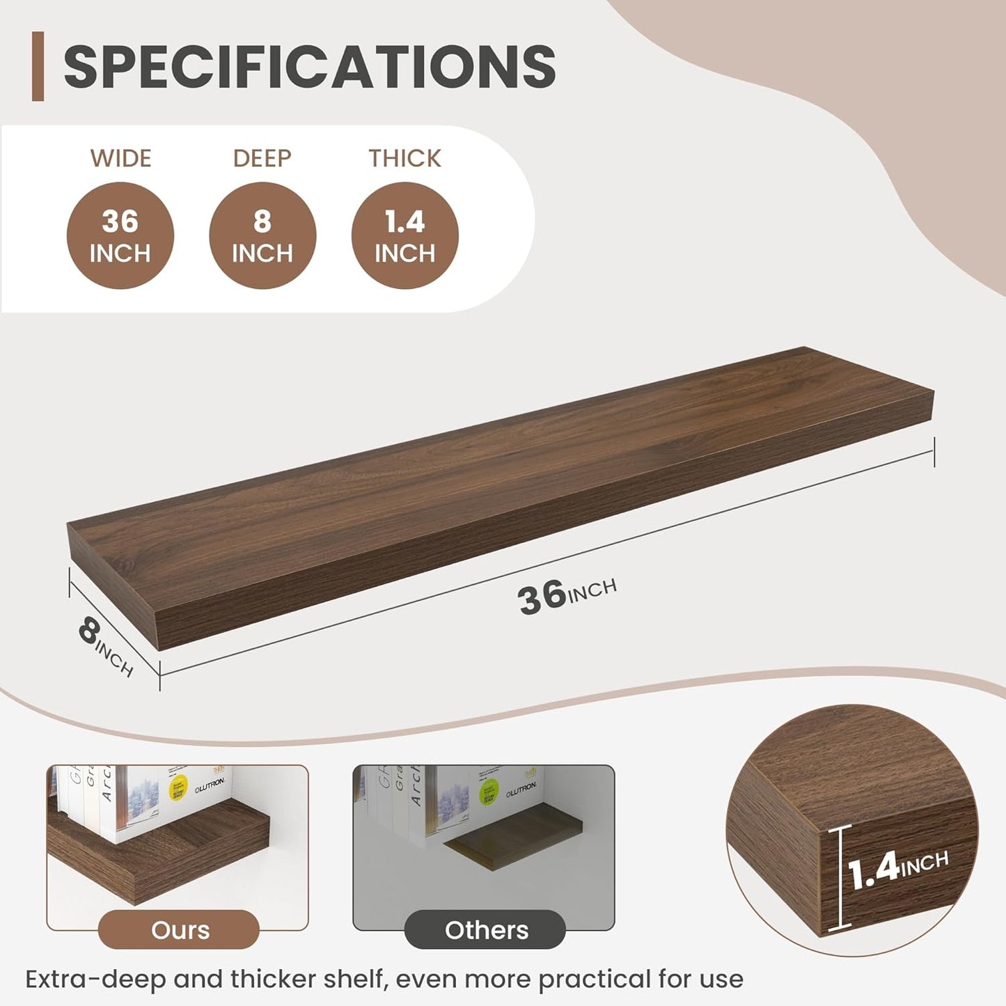 36 Inch Floating Shelves, 8 Inch Deep Floating Shelves for Wall, Hanging Shelf with Invisible Brackets, Deep Shelves for Bathroom, Bedroom, Living Room, Walnut, Set of 2