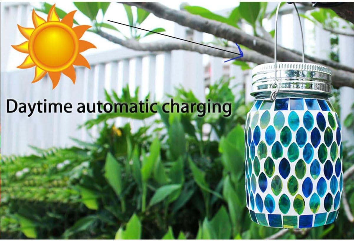Solar Mosaic 2pack Outdoor Waterproof Cool Blue Mosaic jar Decor Christmas Gifts for Women Mom Grandma Halloween Hanging Solar Lights Decoration Outside for Yard, Patio,Backyard,Porch (Contemporary)