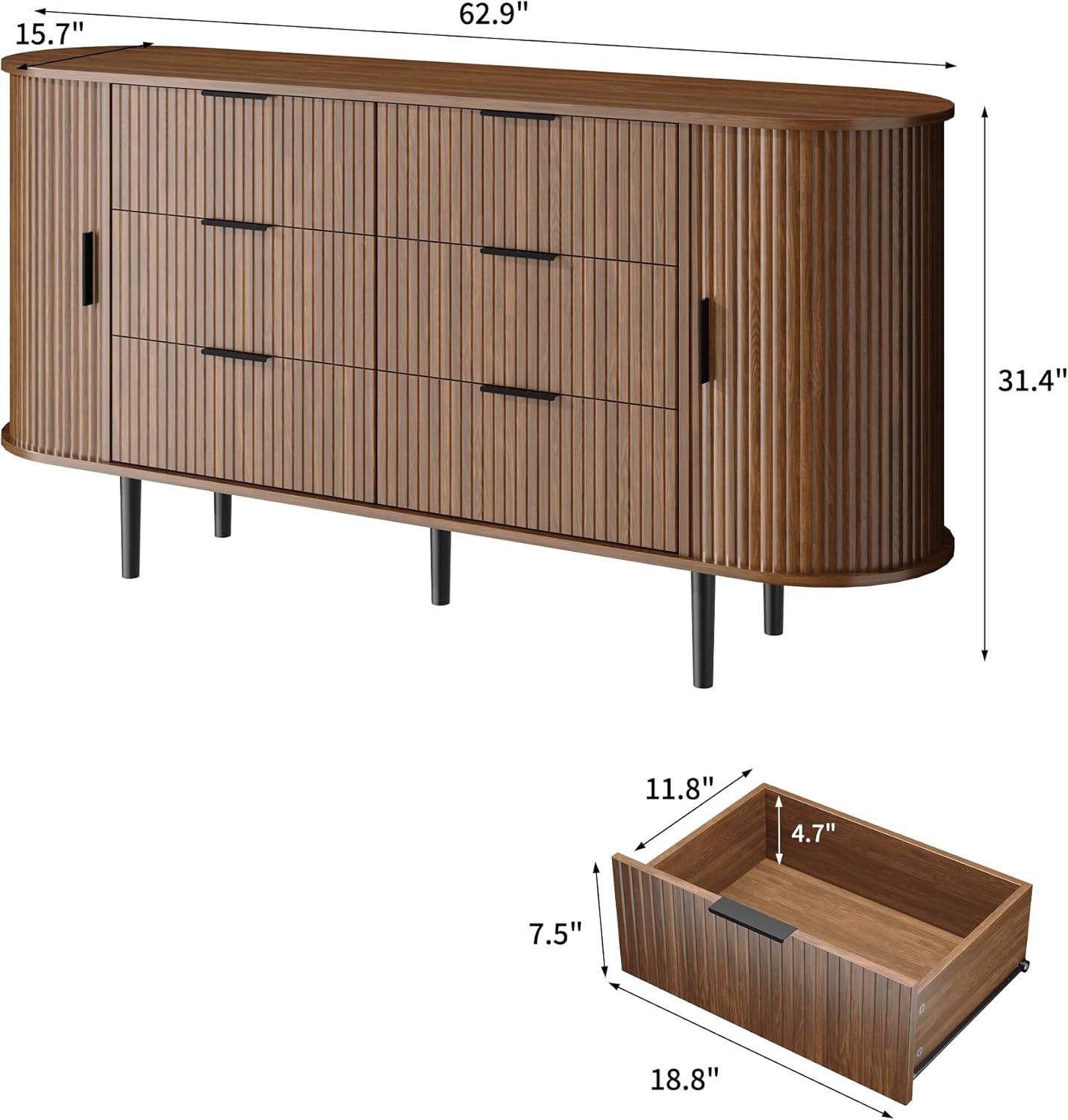 Modern Curved Fluted TV Stand for TVs up to 70 Inches, TV Console with Sliding Doors and Drawers, Credenza with Storage Cabinet for Living Room, 63 Inch, Brown
