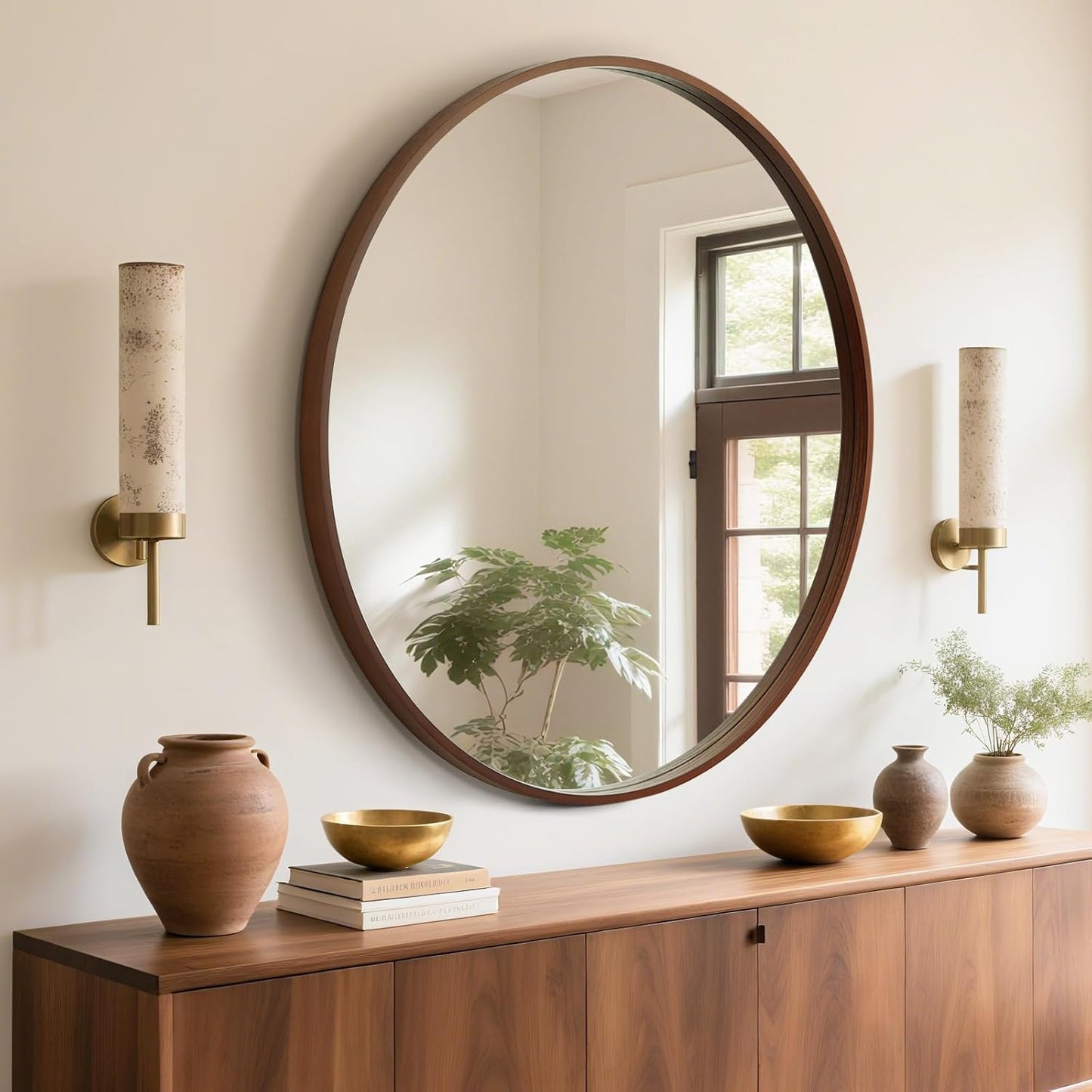 WallBeyond Round Wood Mirror, 36" Round Modern Decoration Large Circle Wall Mirror for Bathroom Living Room Bedroom Entryway, Walnut