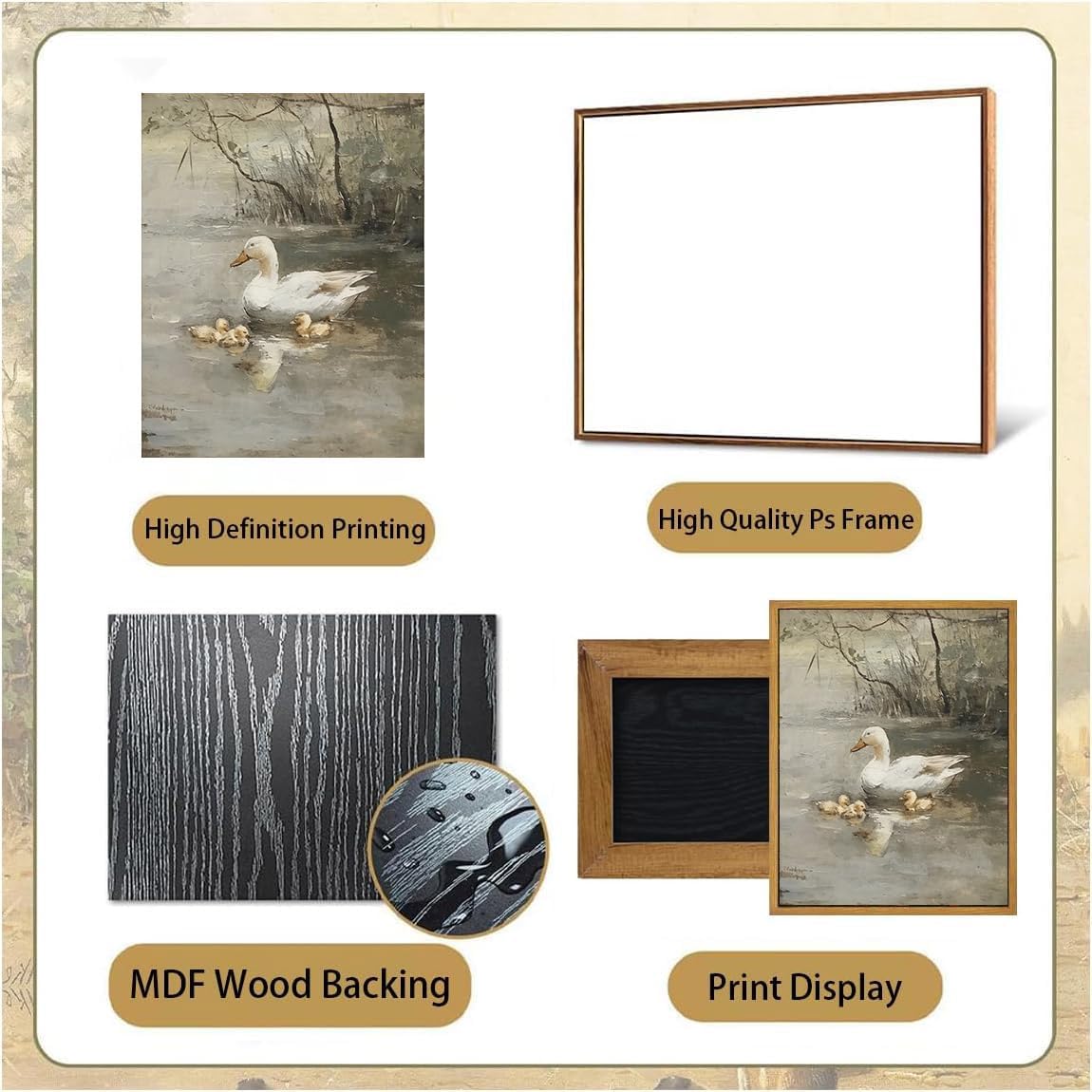 Djmwtb Vintage Framed Wall Art Duck Canvas Wall Art Prints Rustic Farmhouse Painting Nature Pictures Artwork for Living Room Bedroom Bathroom Office 12x16in