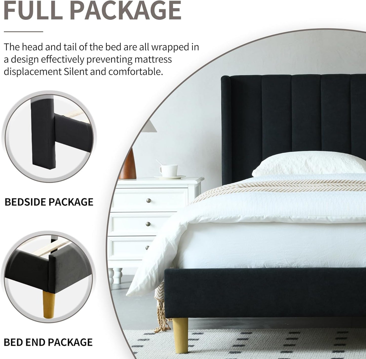 YUHUASHI upholstered Platform Bed Frame/Twin Bed Frame/Modern Geometric Double-Wing Design headboard/Linen Fabric/Easy to Assemble no Noise (Black, Twin)