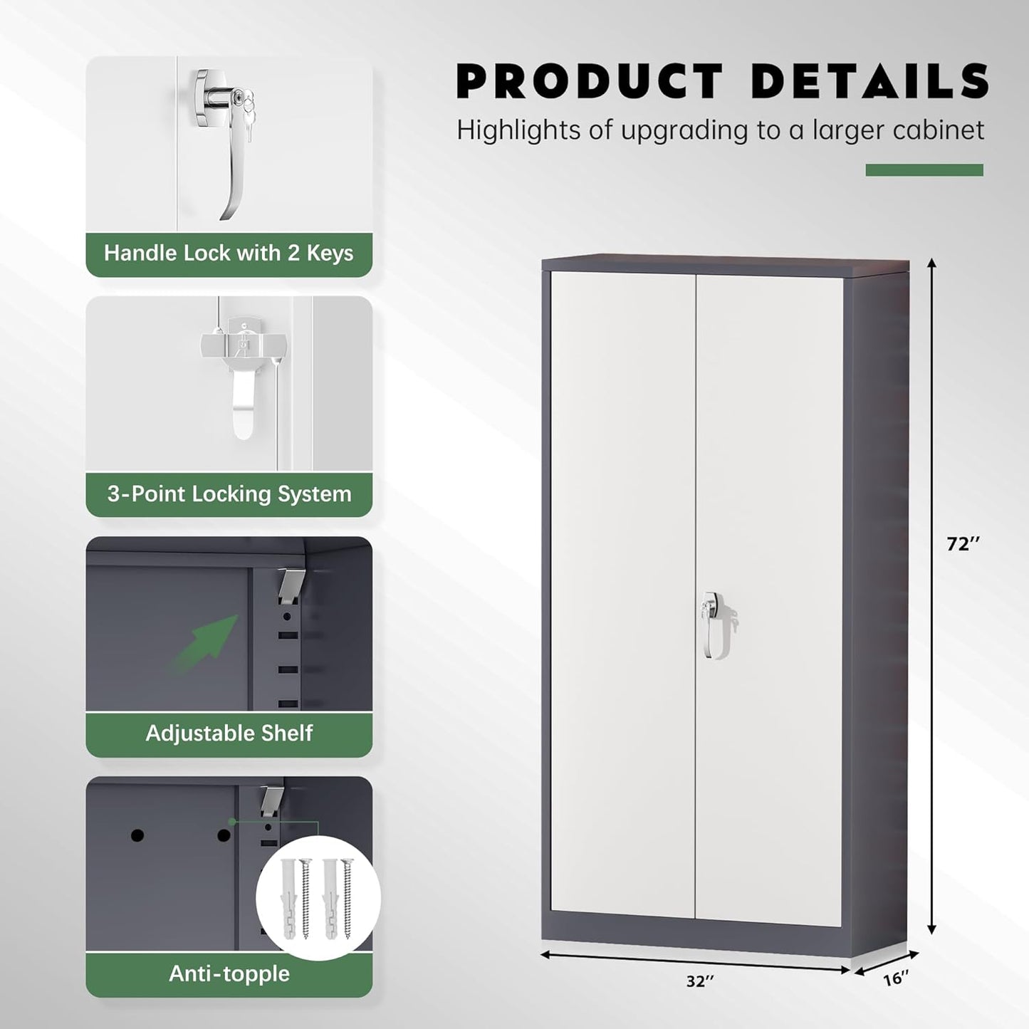 Greenvelly Metal Garage Storage Cabinet, Tall Locking Storage Cabinet with 2 Doors and 4 Adjustable Shelves, Steel Tool Cabinet, Lockable Filling Cabinet for Home, Office, Garage, School (Gray White)