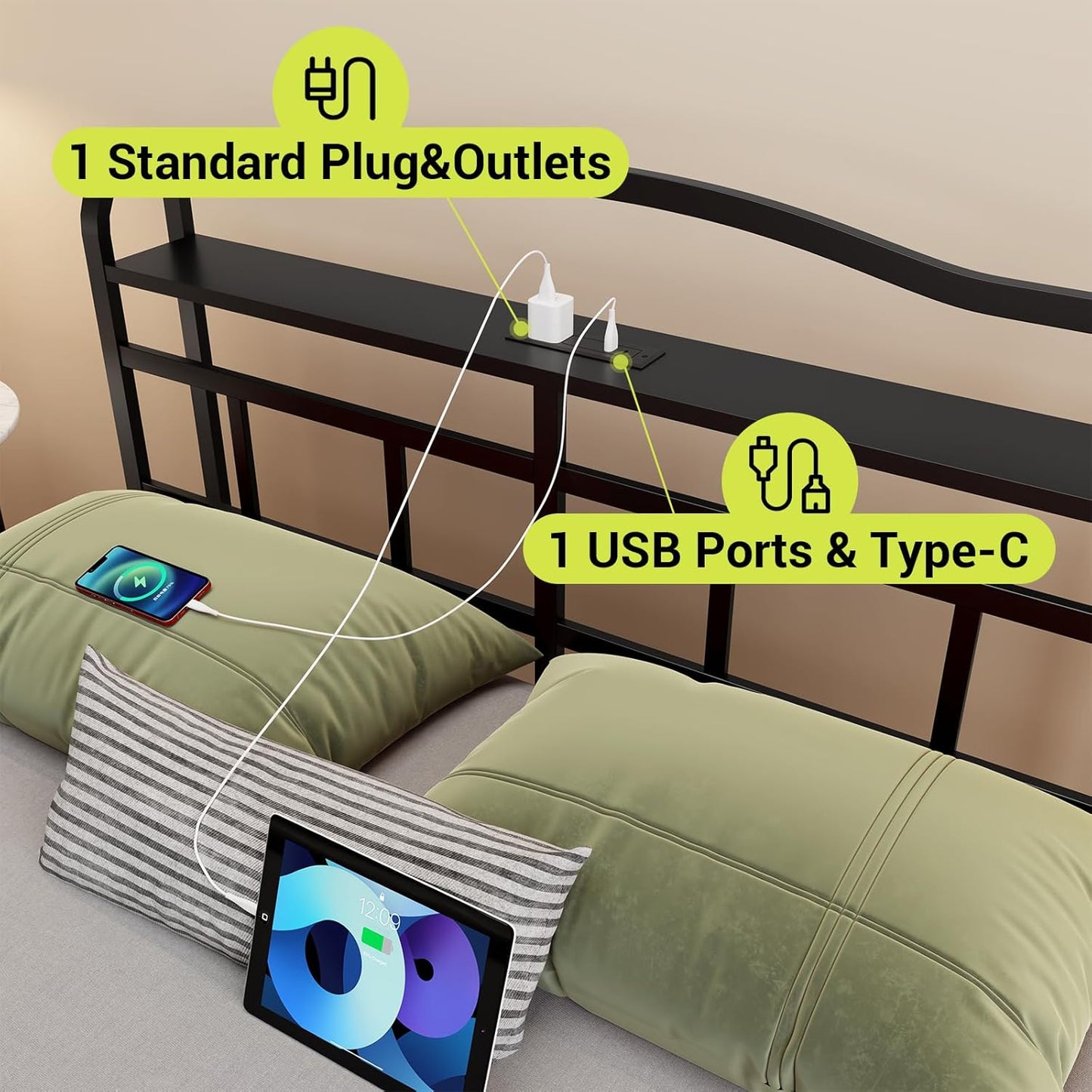 UOMEUR Metal Bed Frame with Headboard and USB & Type C Charging Station, Heavy Duty Metal Bed Frame No Box Spring Needed with Ample Storage Space - Easy Assembly and Noise Free(Black, Full)