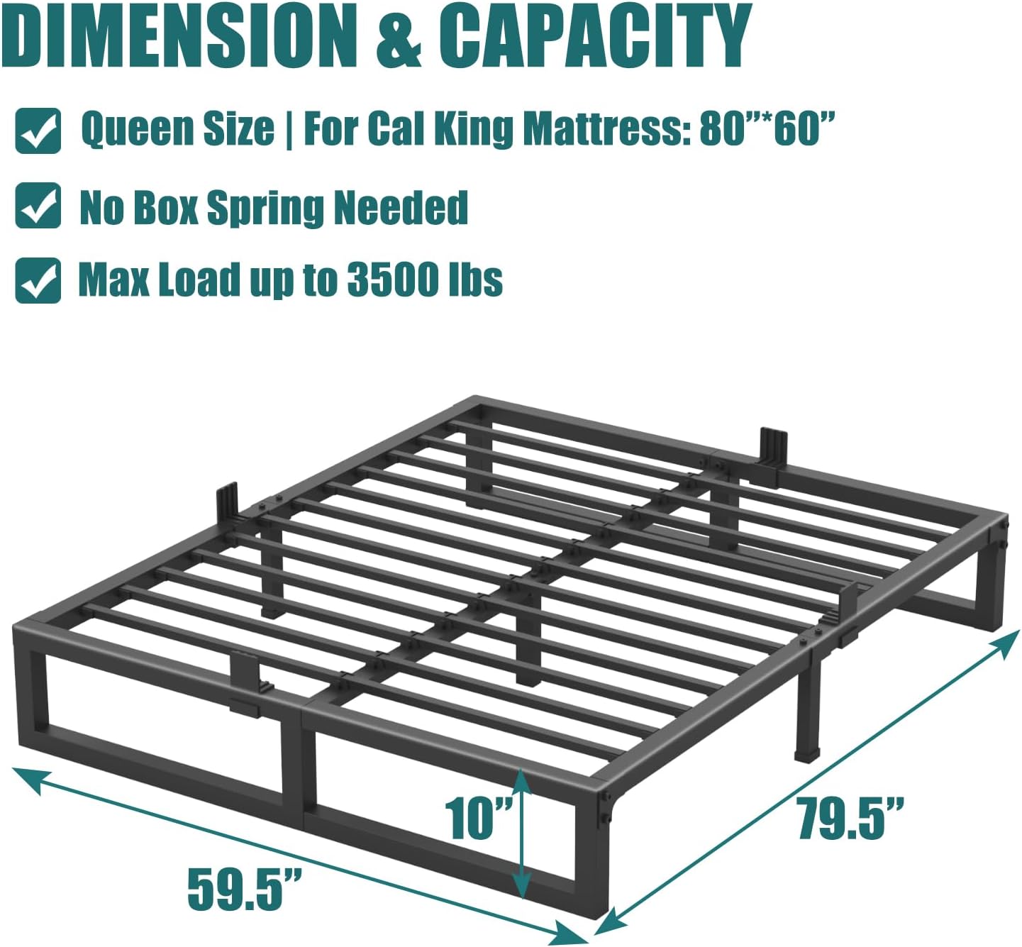10 inch Queen Bed Frame Low Profile Metal Platform with Mattress Slide Stopper,Heavy Steel Slats Support Frames,No Box Spring Needed,Noise Free,Non-Slip,Easy Assembly