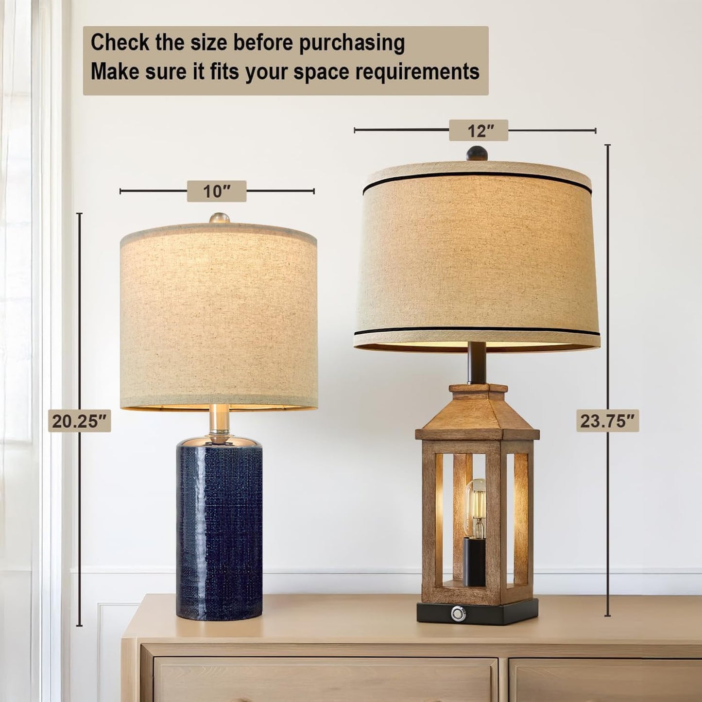 20.25/inch Modern Ceramic Table lamp Set of 2 Small Farmhouse Bedside lamp Dark Blue Nightstand Lamp End Table Lamps for Living Room Bedroom Study Office AMZ-T1109BL0