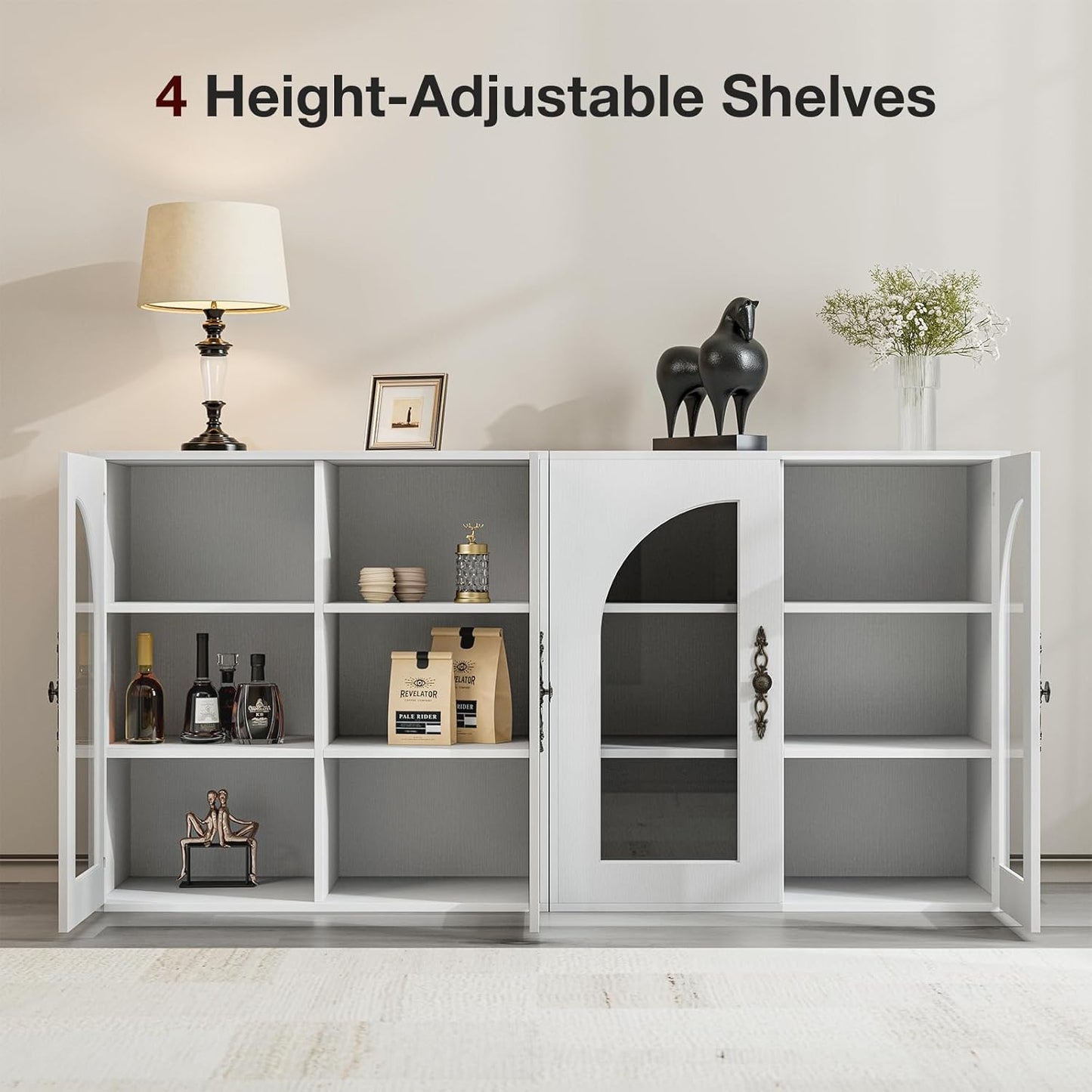 Modular Buffet Storage Cabinet, Glass 4-Door Kitchen Sideboard Buffet Console w/Adjustable Shelves, Wood Modular Organizer for Kitchen Living Room, 63 Inch