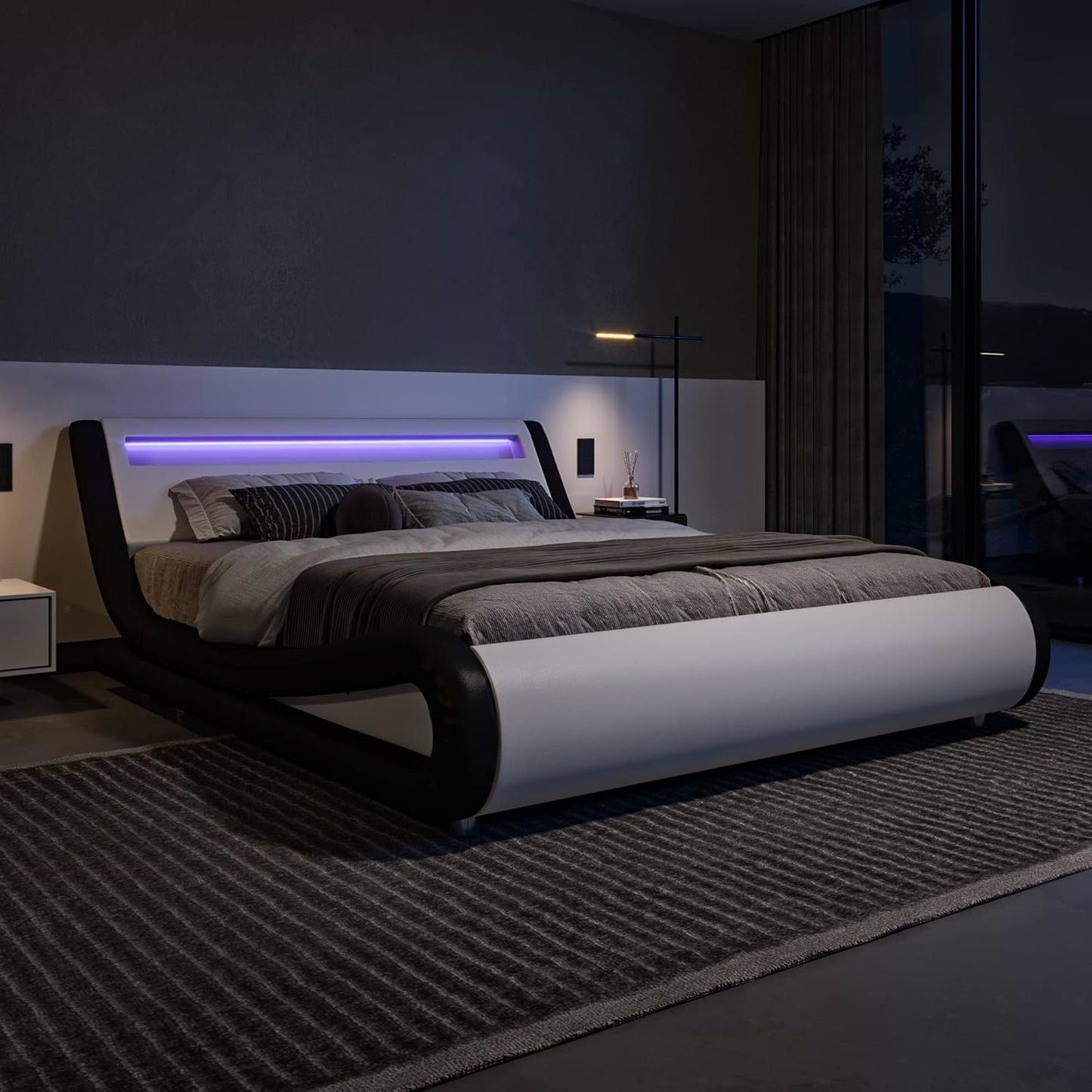 Allewie Queen Size LED Platform Bed Frame with Adjustable Headboard/No Box Spring Need/Easy Assembly/Faux Leather in White and Black