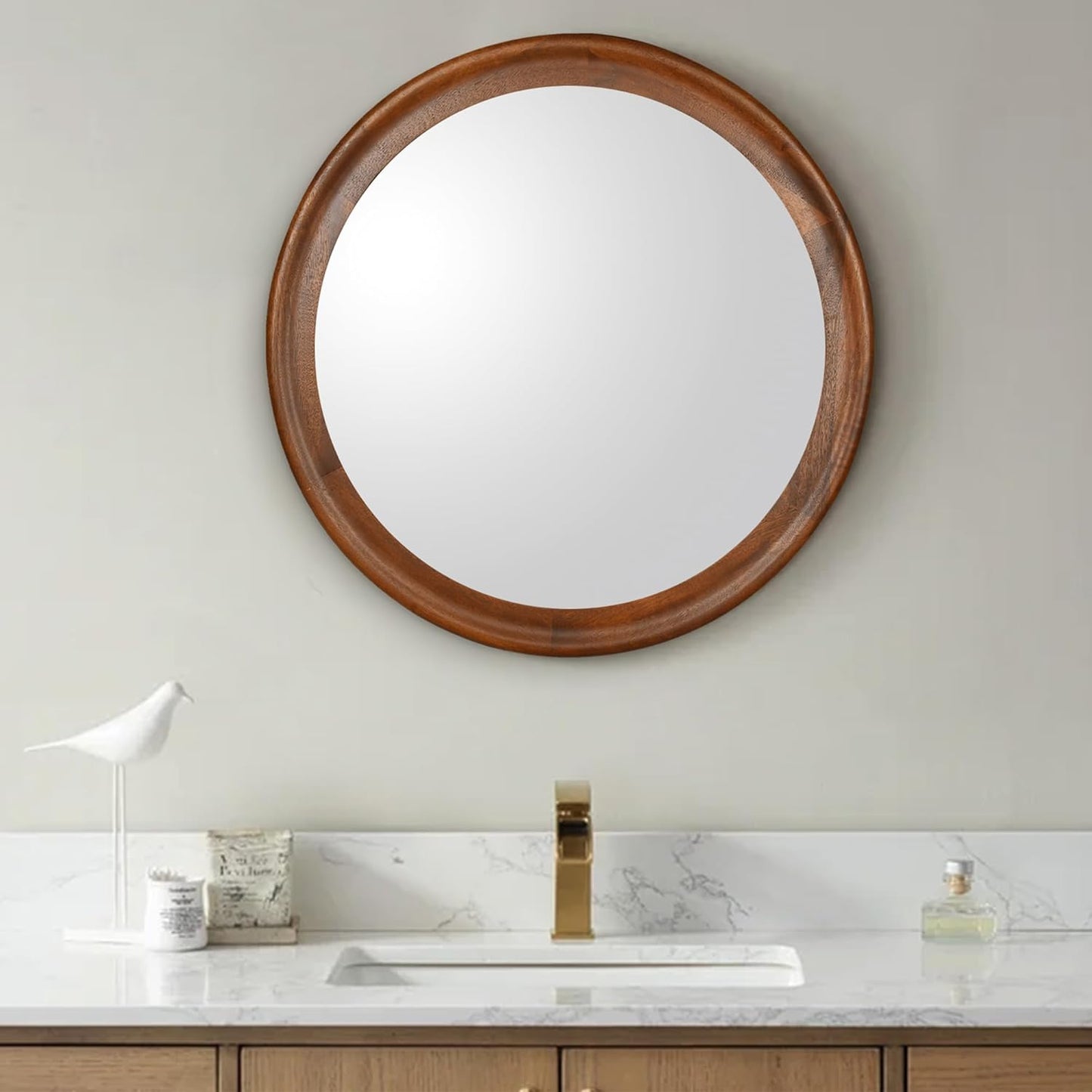 Round Wood Mirror for Wall,24 Inch Circle Decorative Mirror with Walnut Frame,Rustic Bathroom Hanging Vanity Mirror for Entryway,Bedroom or Living Room(Walnut Brown)