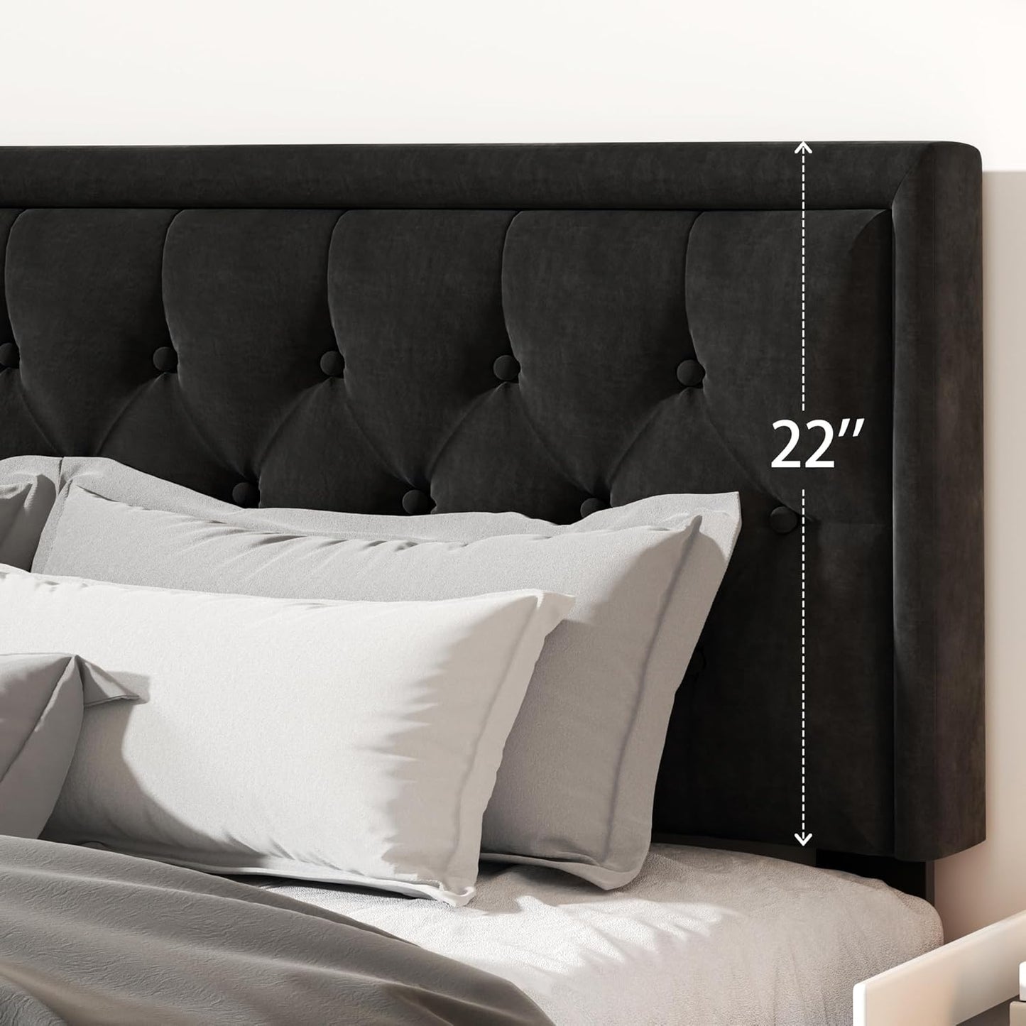 King Size Platform Bed Frame with Upholstered Velvet Button Tufted Headboard, Mattress Foundation with Wooden Slat Support, No Box Spring Needed, Easy Assembly, Noise Free, Black.