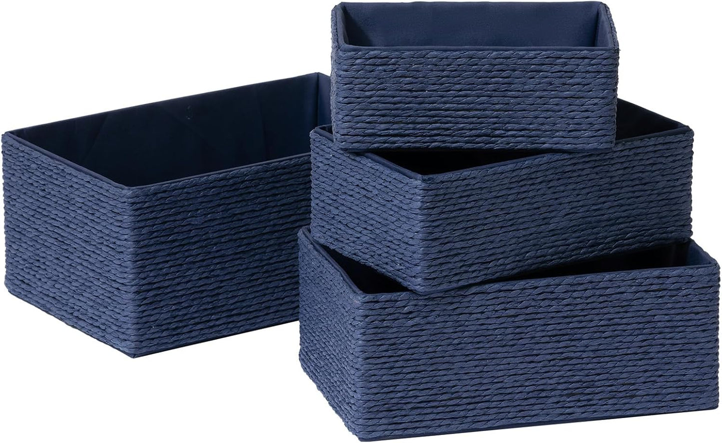 LA JOLIE MUSE Storage Baskets for Organizing - Set of 4 Sturdy Woven Paper Rope Decorative, Stackable Wicker Baskets for Makeup Closet, Bathroom, Bedroom (Navy Blue)