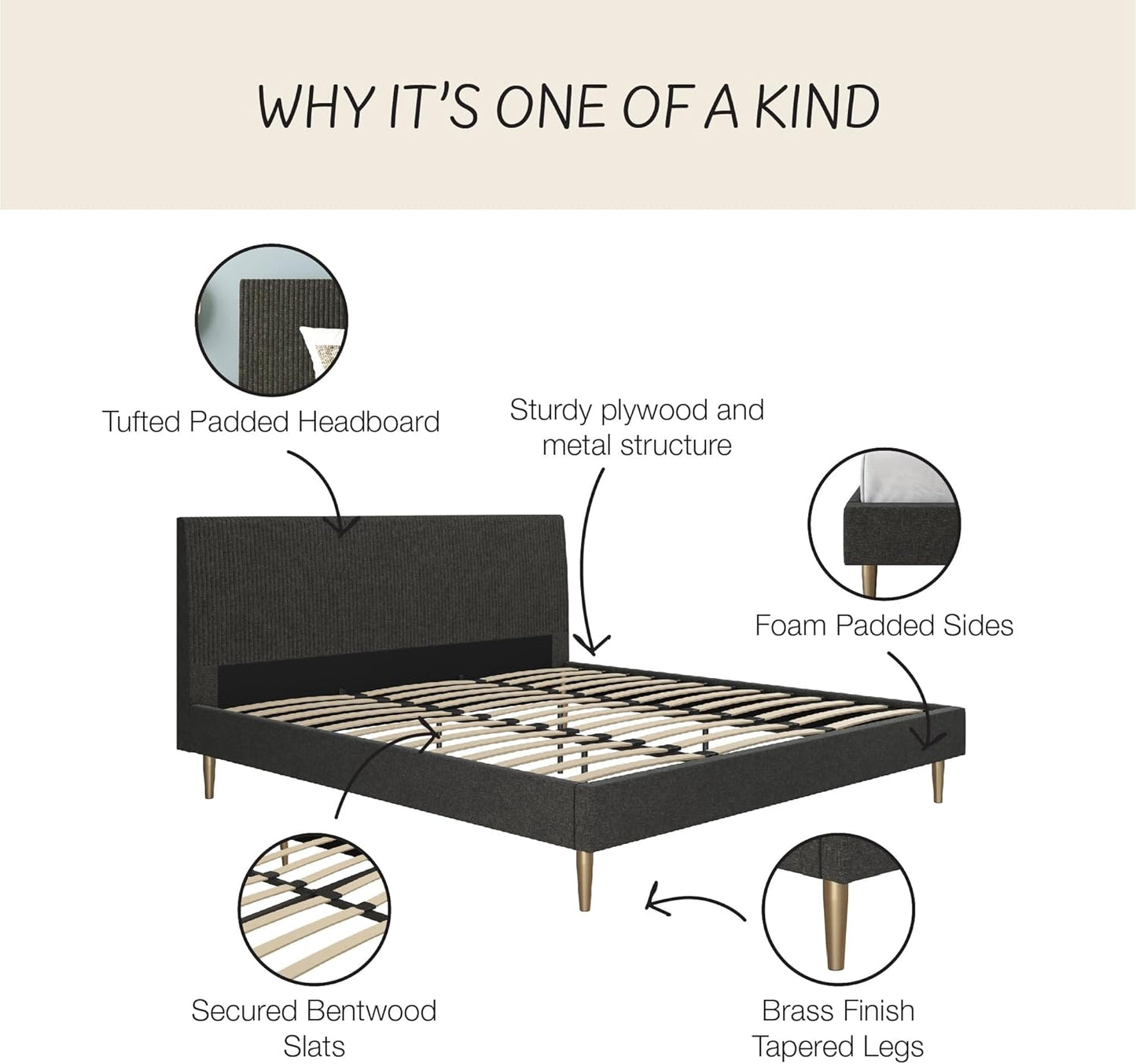 Mr. Kate Daphne Upholstered Bed with Headboard and Modern Platform Frame, King, Dark Gray Linen