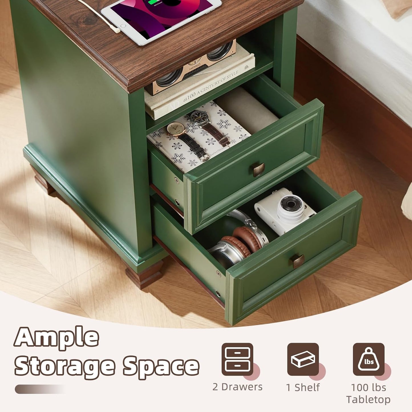 Farmhouse Nightstand with Charging Station, Rustic Green Nightstand,2 Drawers End Table for Living Room,Bedside Table with Open Shelf for Bed Room,Green