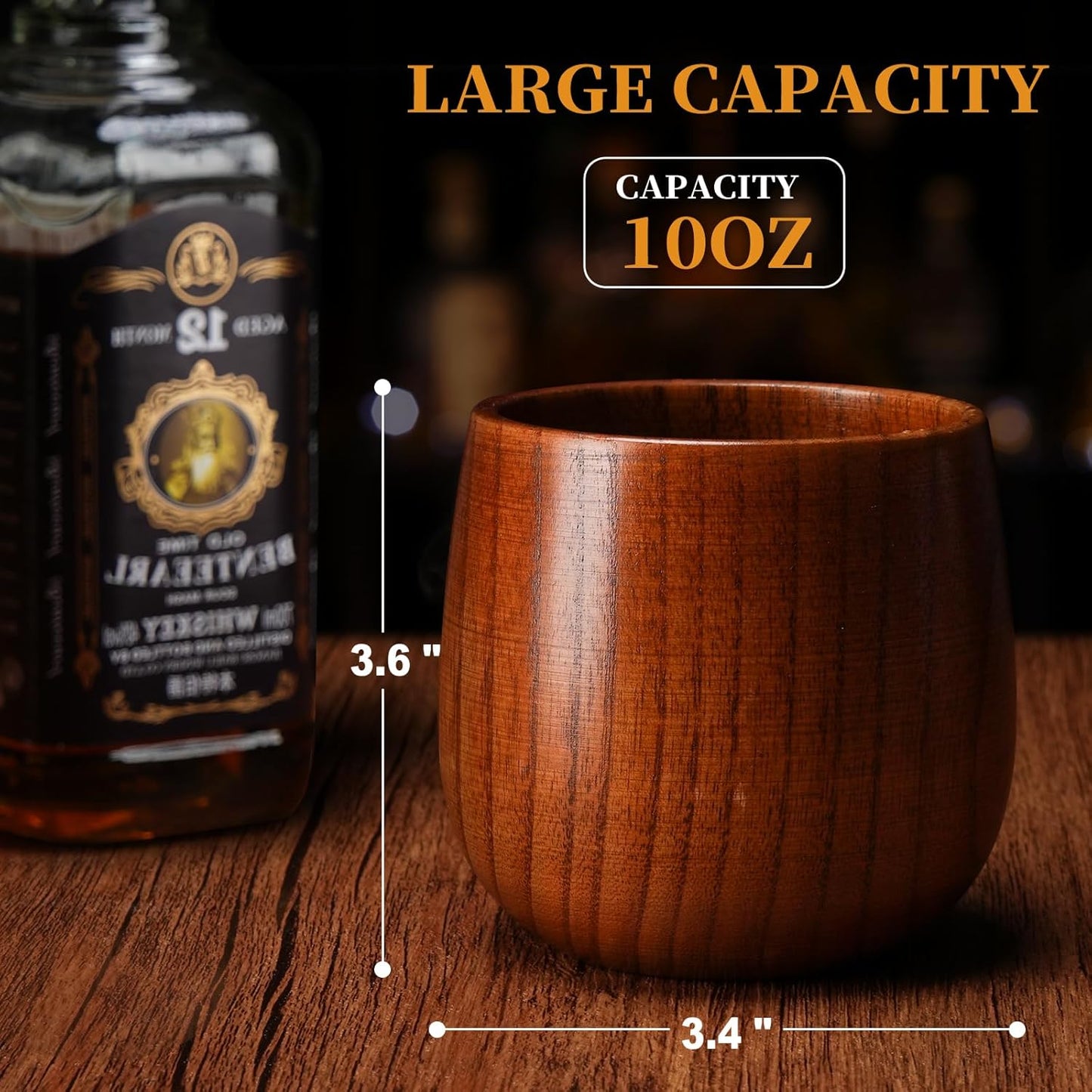 10Oz Large Wooden Bourbon Glass, Include 3 Stainless Steel Ice Cubes, The Original Wood Whiskey Cup, Old Fashioned Drinking Glasses Tumblers, Gift for Men, Dad, Husband, Brother, Friends