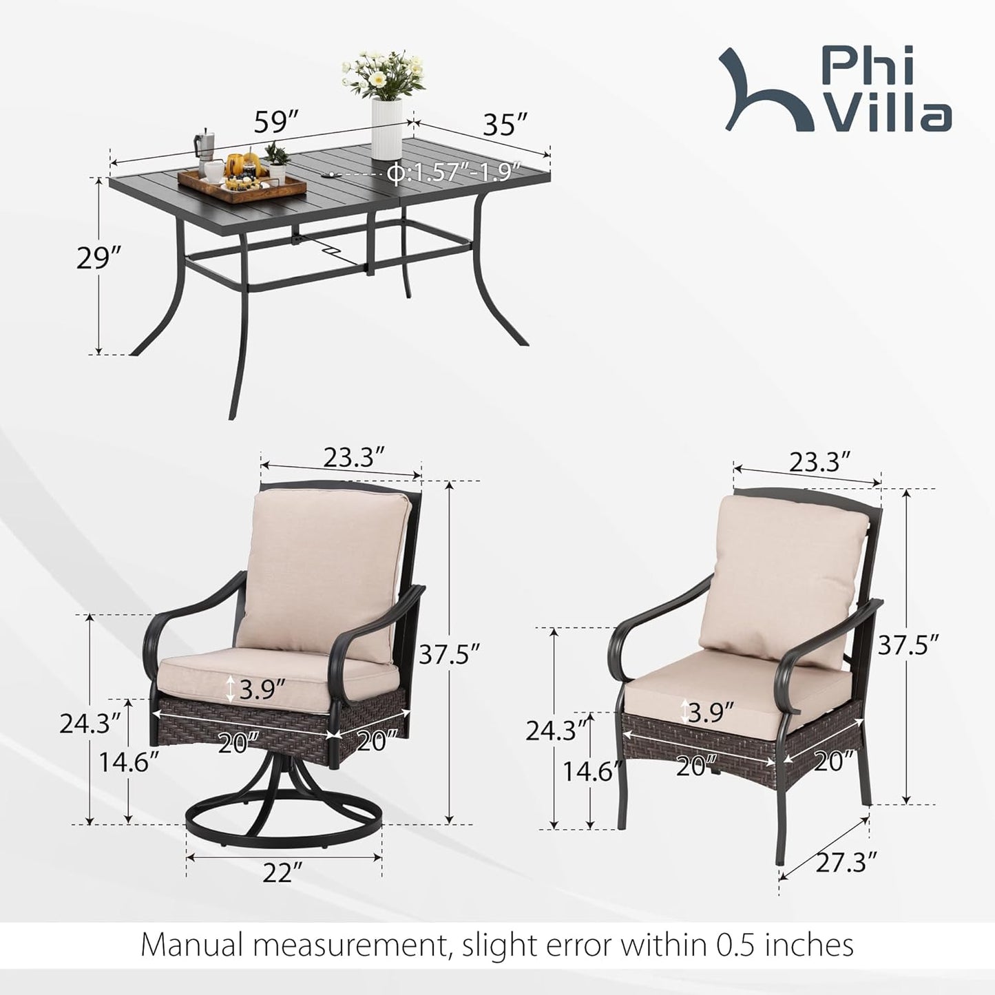 PHI VILLA Outdoor Dining Set for 6, Outdoor Table and Chairs Set for 6, 4 Extra Large Dining Chairs & 2 Swivel Chairs, Rectangular Metal Slat Dining Table for Deck, Backyard and Garden