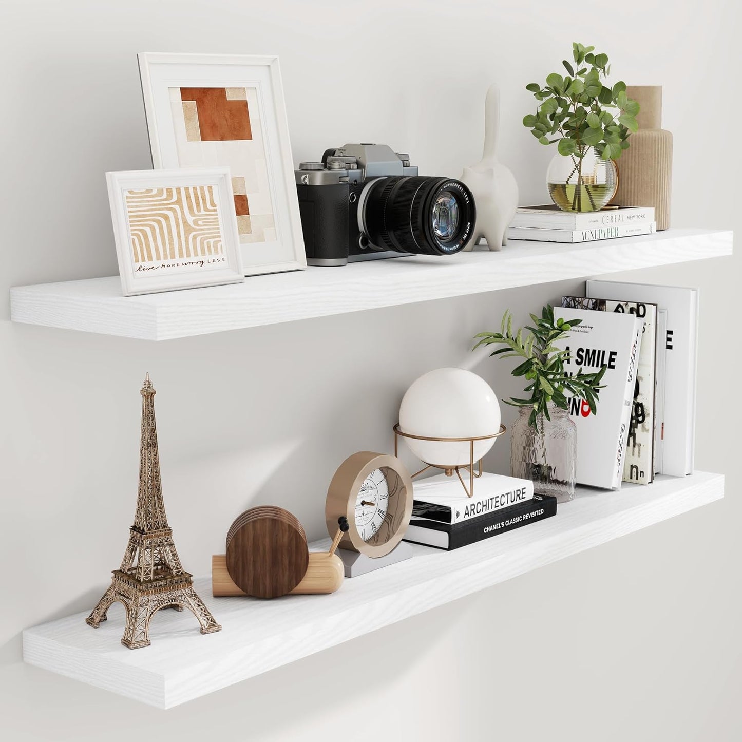 Fun Memories Floating Shelves 55 Inch Set of 2, White 55 x 9.3 Wall Shelves for Home Decor Storage, Rustic Wood Floating Shelf for Wall, 9.3 Inch Deep Shelving for Bathroom, Living Room, Kitchen