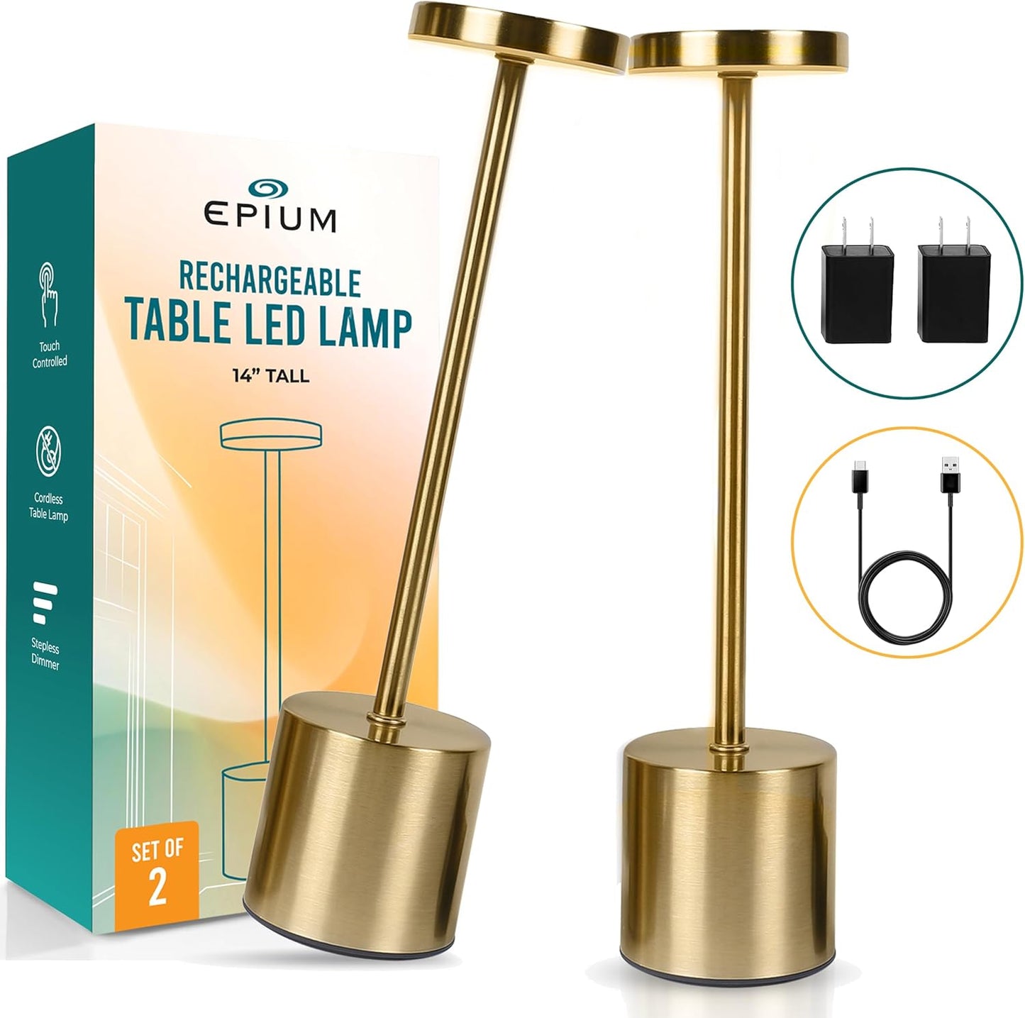 Cordless Table Lamp Pack of 2 (Gold) Rechargeable Lights - Set of 2 USB Chargers Included - LED 3-Color Dimmable Lamps for Restaurant Dinner Dining Kitchen Coffee Table Patio and Portable Lighting