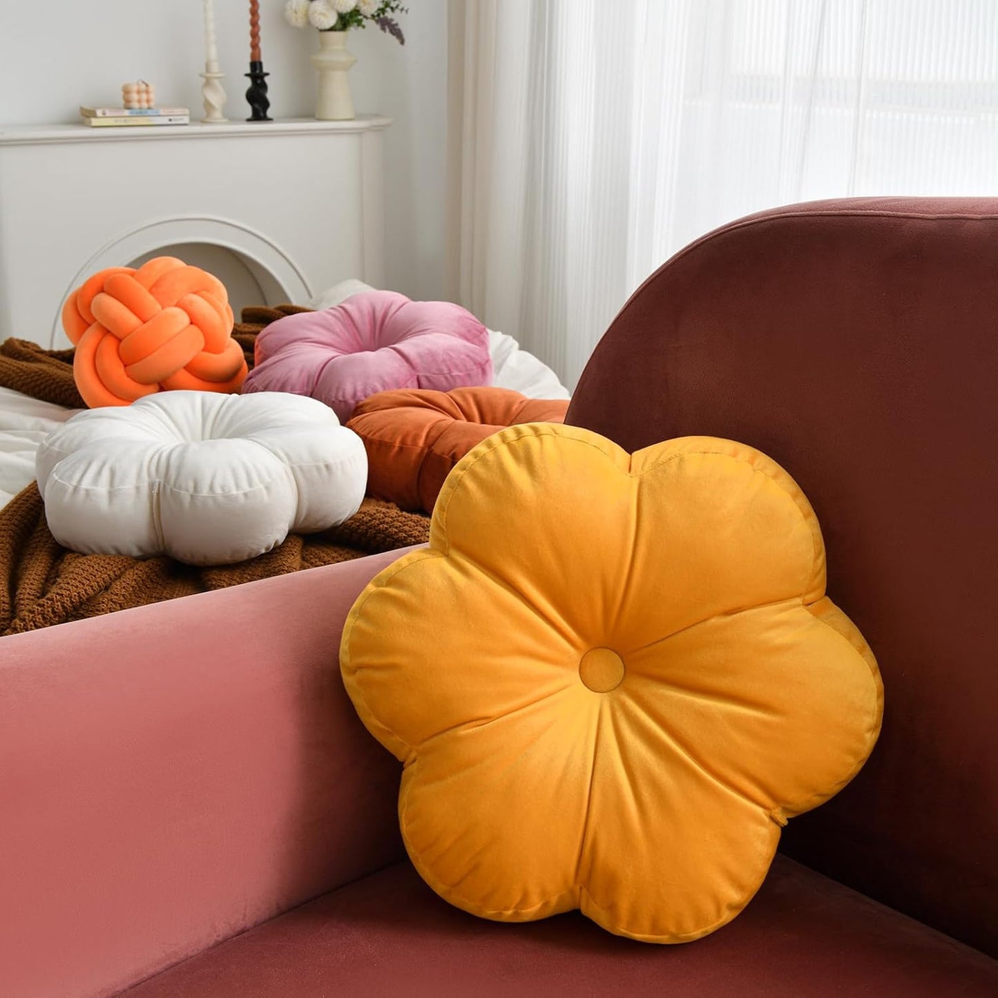 Xuyier Flower Pillow, Flower Shaped Pillow with Velvet for Couch Bed Chair Sofa, Home Decor Floor Seating Cushion Cute Throw Pillows for Living Room Bedroom (15 Inches, Ivory White)