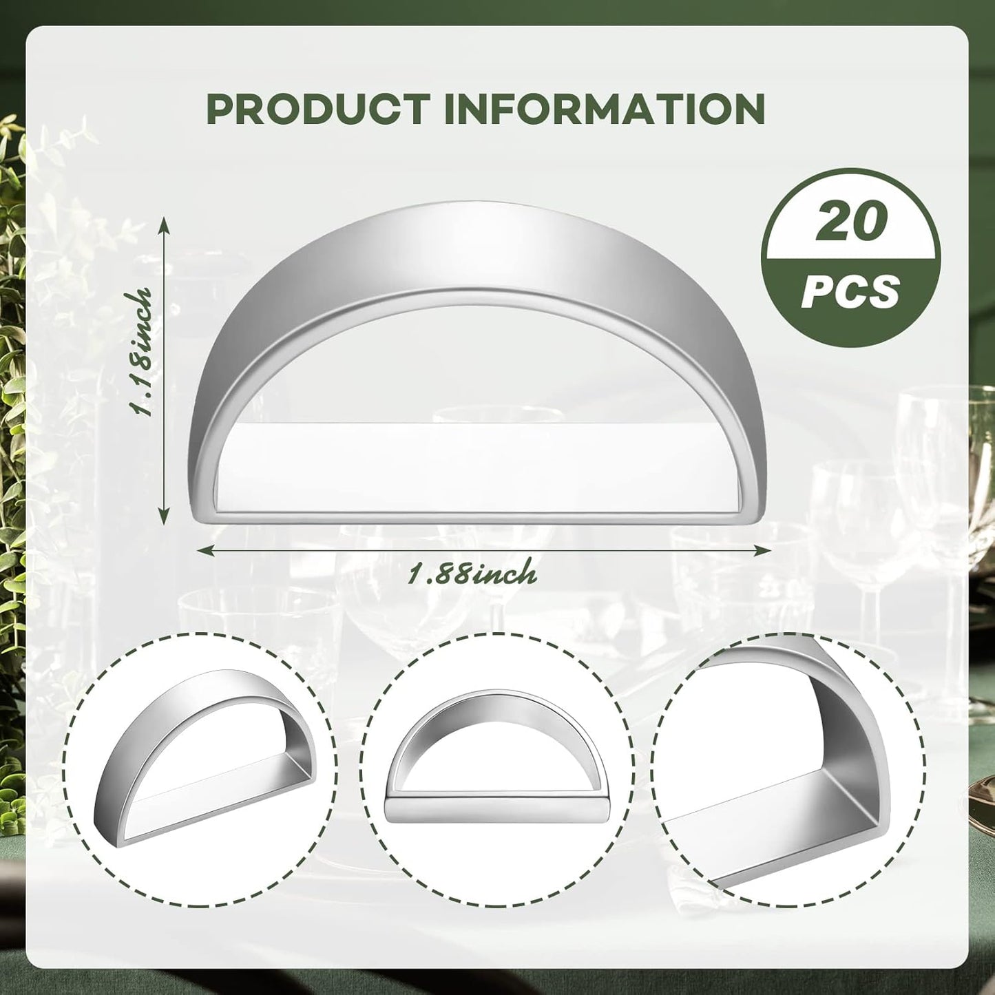 10 Pcs Stainless Steel Napkin Rings Festival Metal Napkin Ring Holders Modern Serviette Buckles Metallic Adornment for Table Settings Kitchen Dinner Party Wedding (Matte Silver Semicircle)