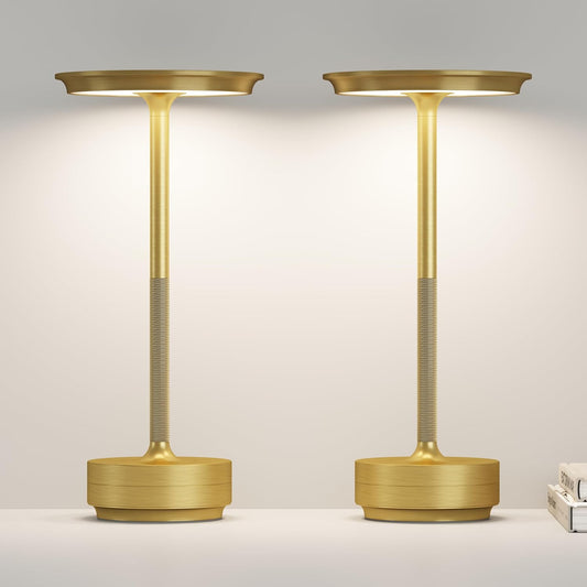 Cordless Rechargeable Table Lamp,LED Portable Touch 5000mAh Battery Operated Table Lights,with Memory Function 3-Level Brightness for Patio,Bars,Bedroom,Outdoor,Dinner,café(2P Gold)