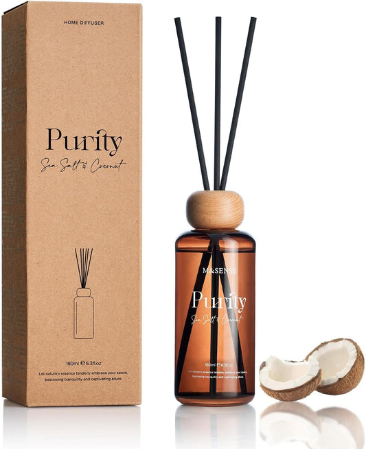 M&SENSE Seasalt Coconut Reed Diffuser: 6.3 fl oz Non-Toxic Aroma Set with Sticks, Light & Subtle Fragrance, Long-Lasting Natural Essential Oil Gifts for Bedroom, Shelf Decor & Small Spaces