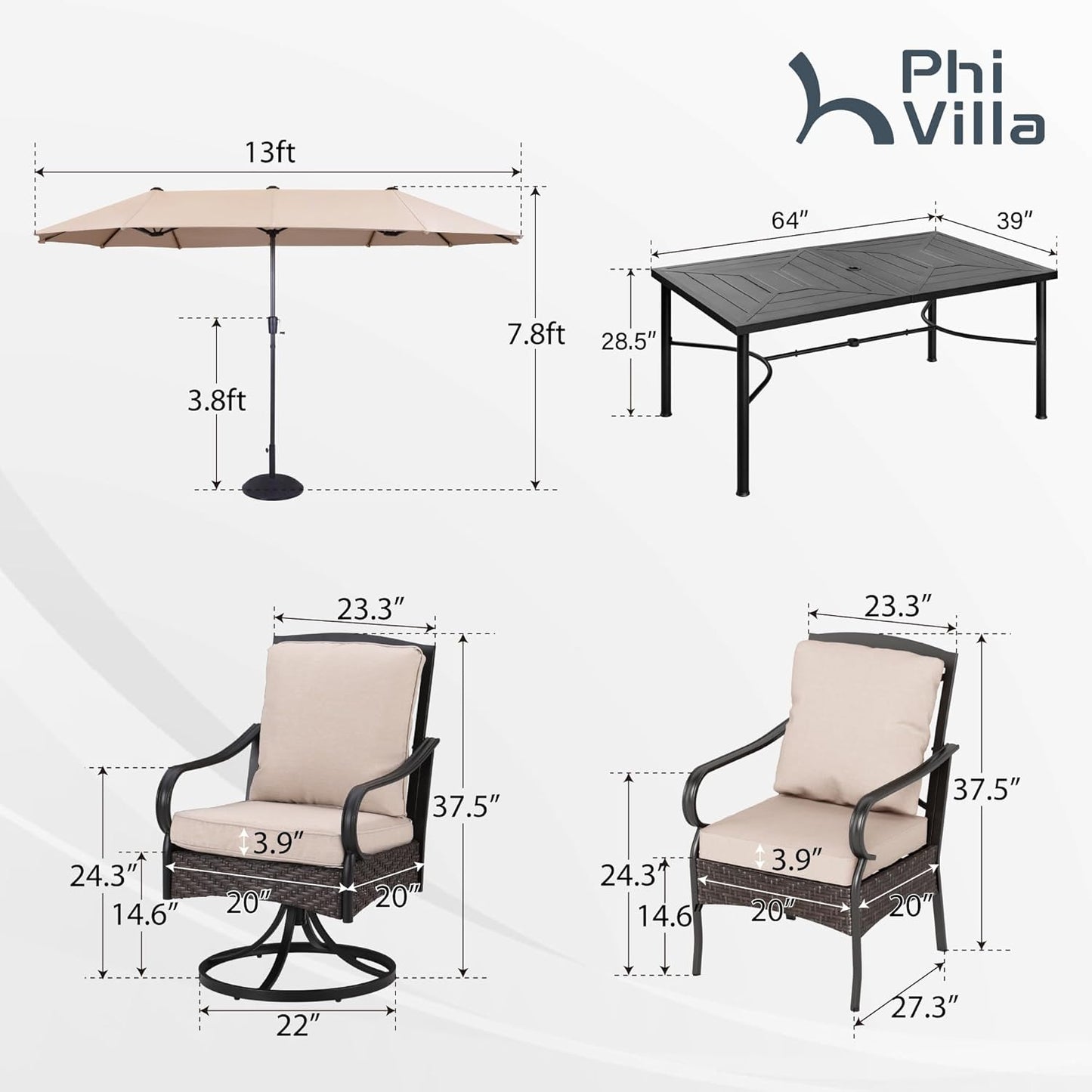 PHI VILLA 7-Piece Outdoor Dining Set, Heavy Duty Patio Table and Chairs Set with Umbrella for 6, 64" Rectangular Patio Metal Table & Wicker Dining Chairs with Cushions, 2 Swivel