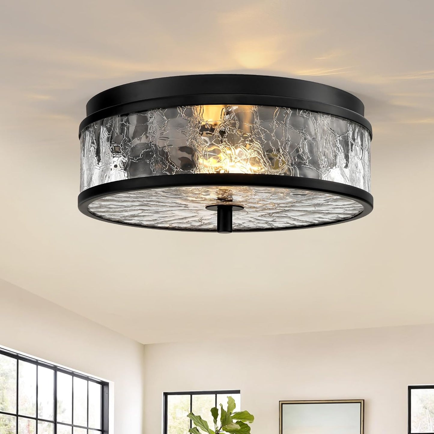 LamQee 12 Inch Flush Mount Ceiling Light with Crackled Glass Shade, 2-Lights Modern Farmhouse Close to Ceiling Lighting Fixture for Hallway Kitchen Bedroom Bathroom Foyer Entryway, Matte Black Finish