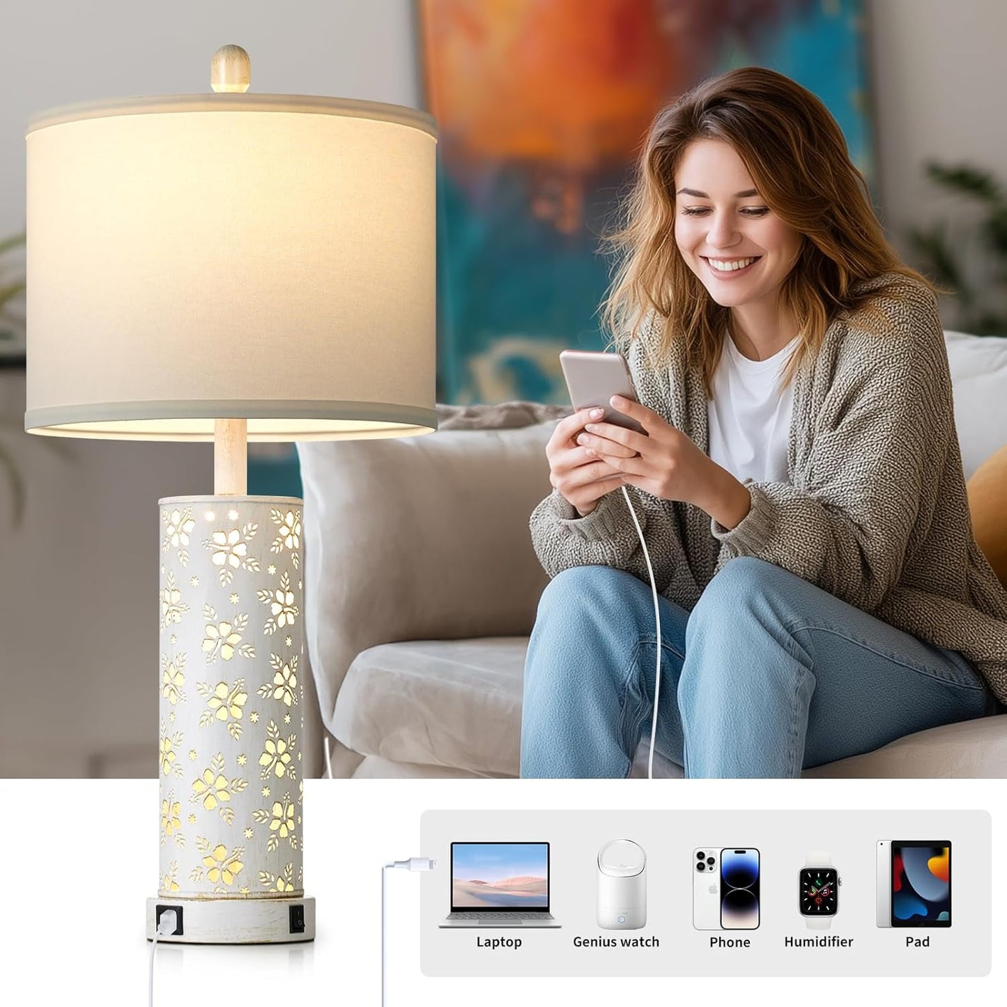 Set of 2 Rustic Table Lamps for Living Room Bedroom, Vintage Farmhouse Nightstand Lamp with 2 USB Ports, Hollow Out Metel Lamp for End Table with Nightlight (Retro White)