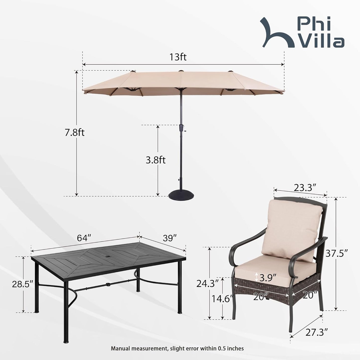 PHI VILLA Outdoor Dining Set for 6, All-Weather Patio Table and Chairs Set with Umbrella for 6, Heavy Duty Rectangle Patio Table Set for Deck, 6 Extra Large Outdoor Swivel Chairs with Thick Cushions