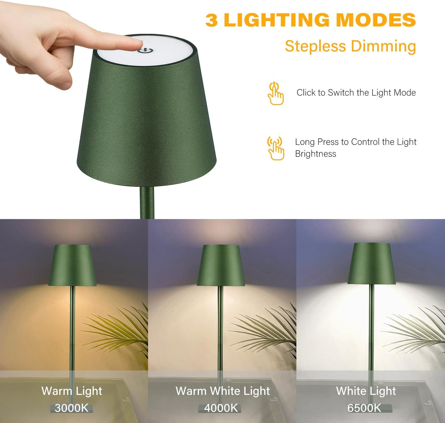 2 Pack Cordless Table Lamps, 3 Colors Stepless Dimming, 5000mAh Rechargeable Battery LED Desk Lamp for Bedroom/Couple Dinner/Desk/Cafe/Dining Room/Terrace