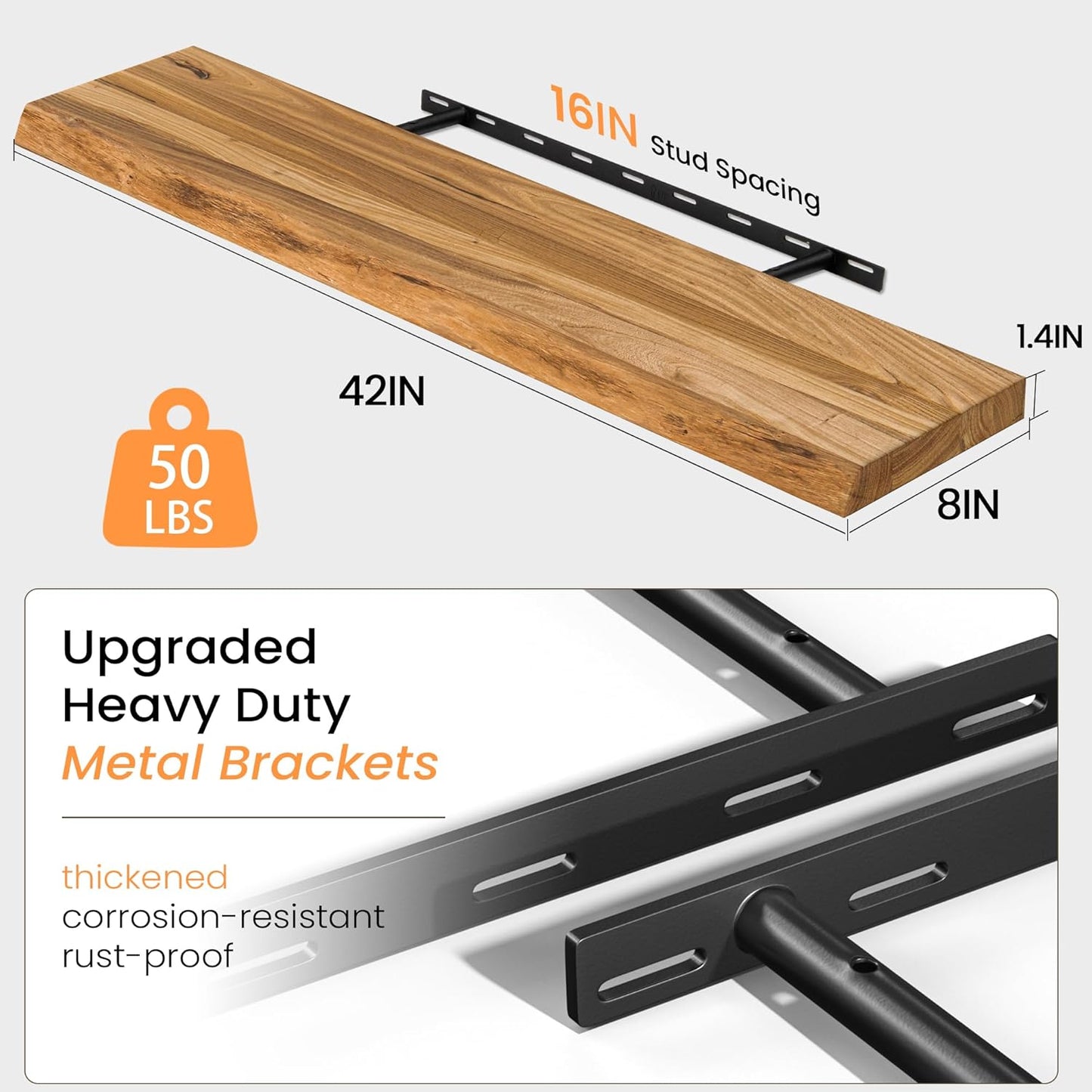 Fun Memories Floating Shelves for Wall Decor, Rustic Solid Elm Wood Live Edge Floating Shelves Wall Mounted, Heavy-Duty Shelf with Invisible Bracket for Living Room Kitchen, 42 Inch Set of 1, Natural