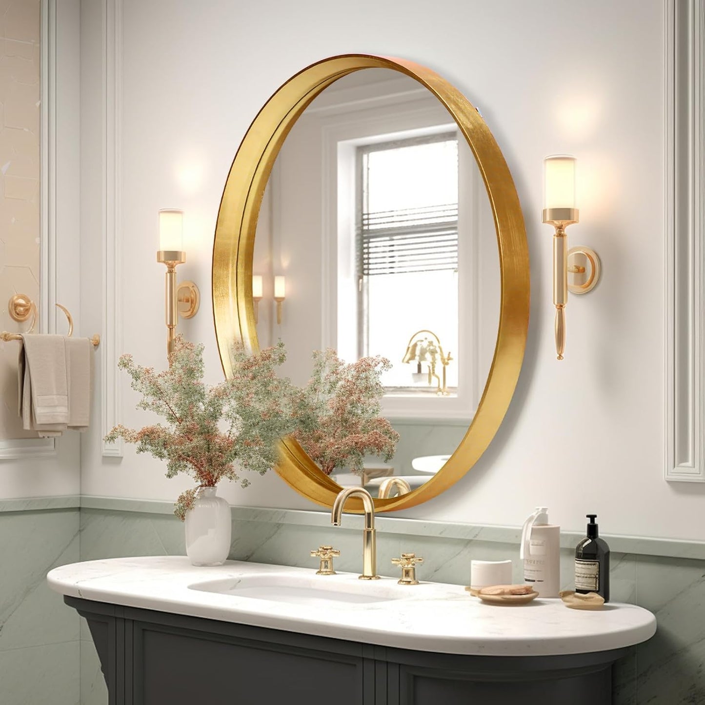 Round Mirror 24 Inch, Gold Wood Mirror, Wall Circle Mirrors, Large Wood Frame Mirror, Round Mirrors for Wall Decor, Bathroom Mirror, Nursery Mirror