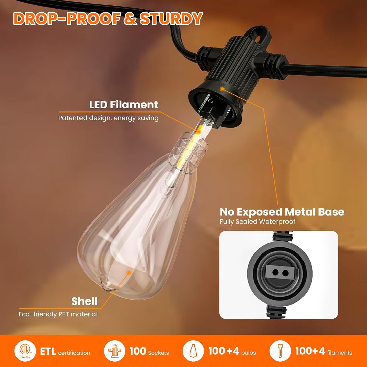 KAWAYA 200FT Patio String Lights: 100+4 Dimmable Waterproof Shatterproof LED Vintage String Lights,Commercial Outdoor Lights for Porch Backyard Garden Bistro Outside Balcony Gazebo Party Cafe(100FTx2)