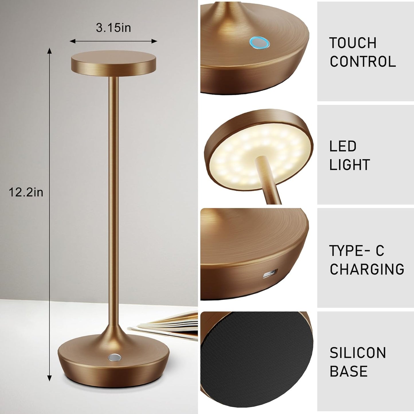 Cordless Table Lamp Rechargeable - 6000mAh LED Battery Operated Table Light - Portable Touch Dimmable Outdoor Waterproof Table Lamps for Patio Restaurant Dining (2 Bronze)