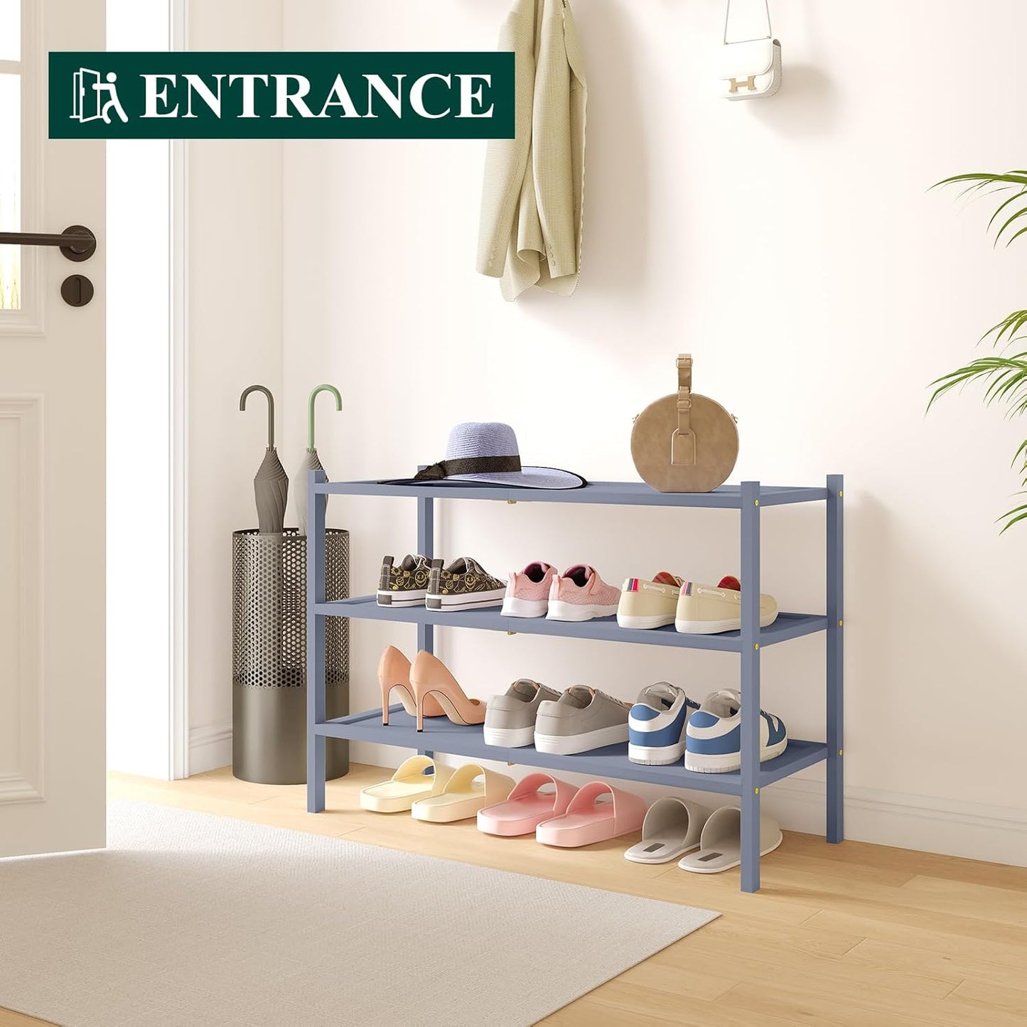 Smiry Bamboo Shoe Rack, 3 Tier Shoe Organizer for Entryway & Closet, Stackable Free Standing Storage Shelf for Shoes, Bags & Plants, Grey