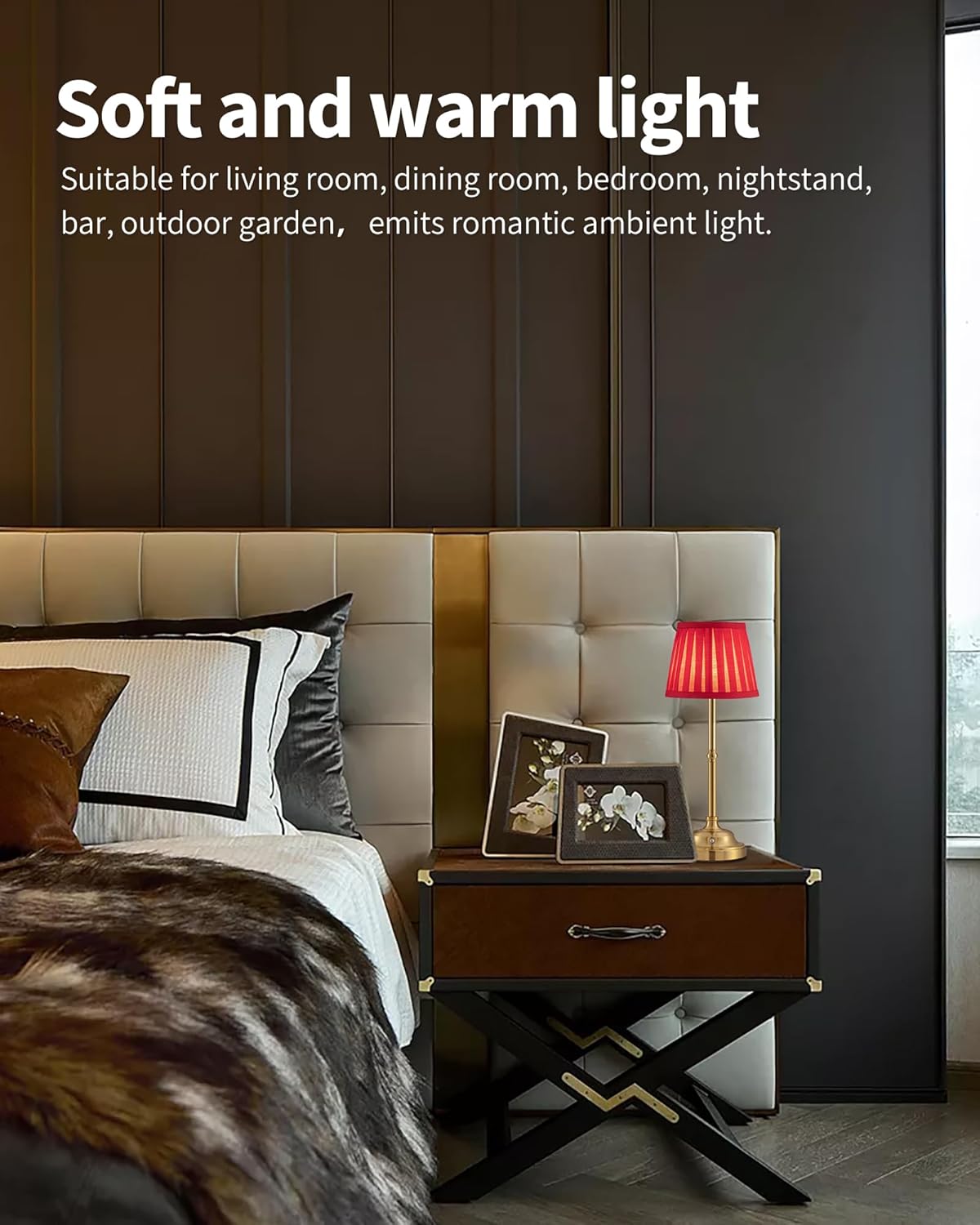 KDG Cordless LED Table Lamp Set of 2, Portables Fabric Shade Desk Lamps, 5000mAh Rechargeable Battery Powered Lighting, Dimmable Light for Dining Room, Bedroom, Bedside, Night Light, Balcony (Red)