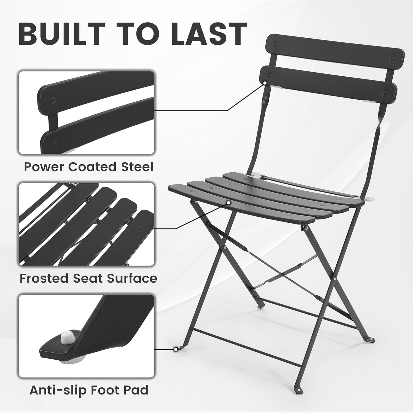 Kromax Outdoor 3 Piece Patio Bistro Set, Folding Bistro Table and 2 Folding Chairs, Patio Conversation Furniture Set, Space Saving, Black