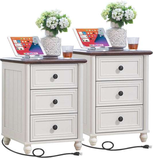 18" Farmhouse Nightstand Set 2 with Charging Station and USB Port, White Night Stand with 3 Drawers, Wood Bedside End Table with Storage, Bed Side Tables for Bedroom Living Room and Closet