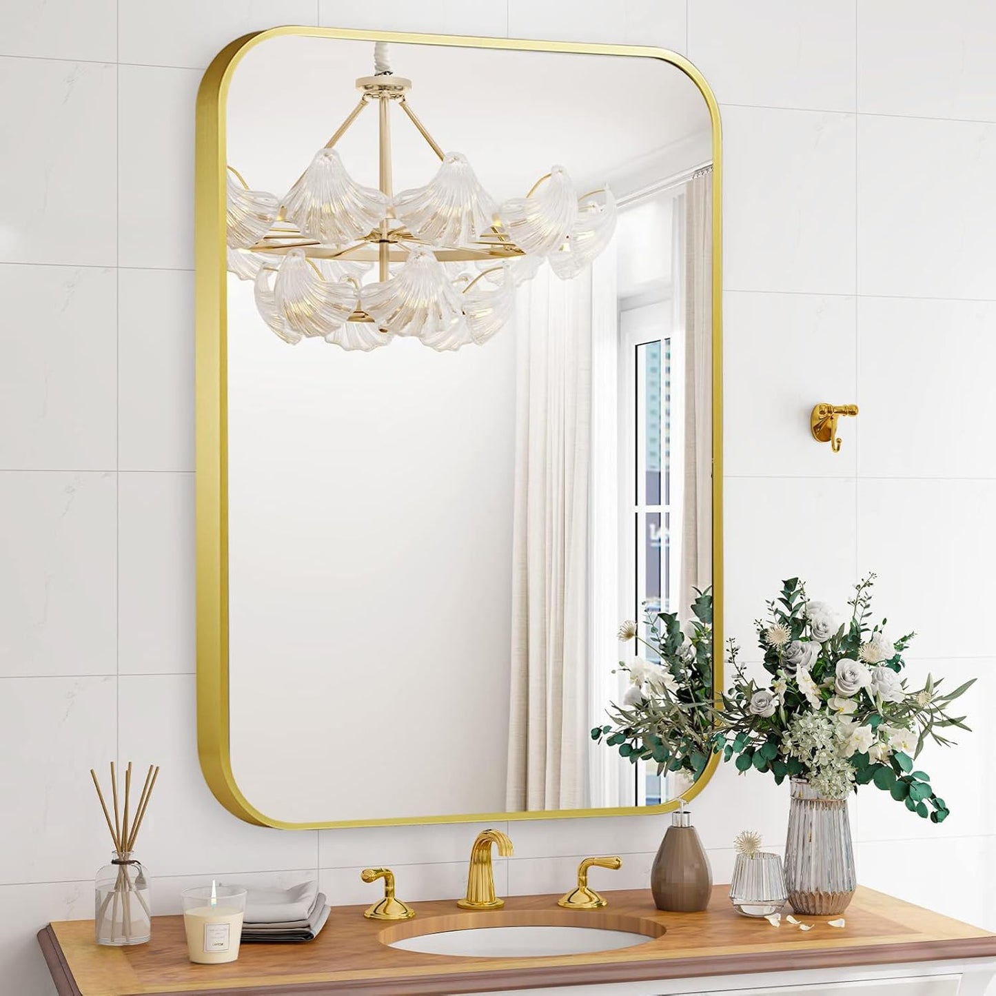 20x28 Inch Bathroom Mirror for Wall,Matte Gold Framed Rectangle Mirror with Rounded Corner,Aluminum Alloy Framed Brushed Wall Mirror for Bedroom or Living Room,Vertical or Horizontal