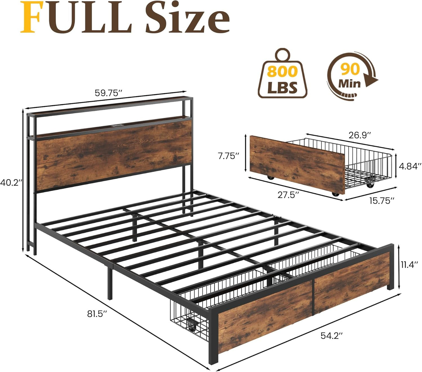 Lifezone Full Bed Frame with 2-Tier Storage Headboard, Metal Bed Frame with Storage Drawers & Built-in Charging Station & LED, Noise-Free, No Box Spring Needed, Easy Assembly, Retro Brown