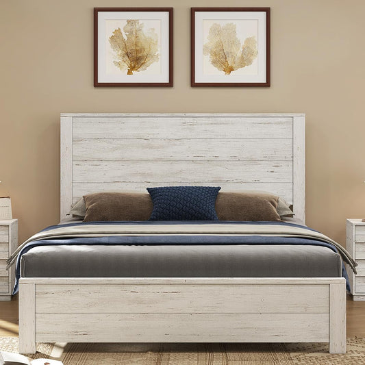51.2" H Wood Bed Frame with Headboard, Platform Bed Frame Queen Size with Wooden Slat Support, No Box Spring Needed/Easy Assembly, Rustic Pine, Distressed White